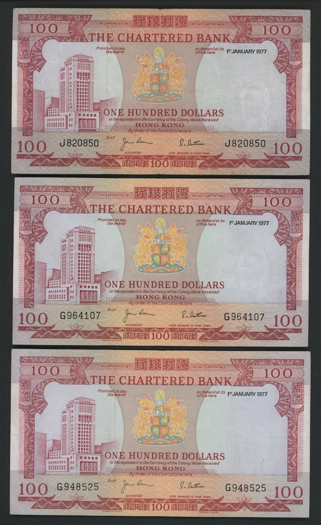Chartered Bank, Hong Kong, $100 (3), 1977, prefixes G (2), J, (Pick 76)