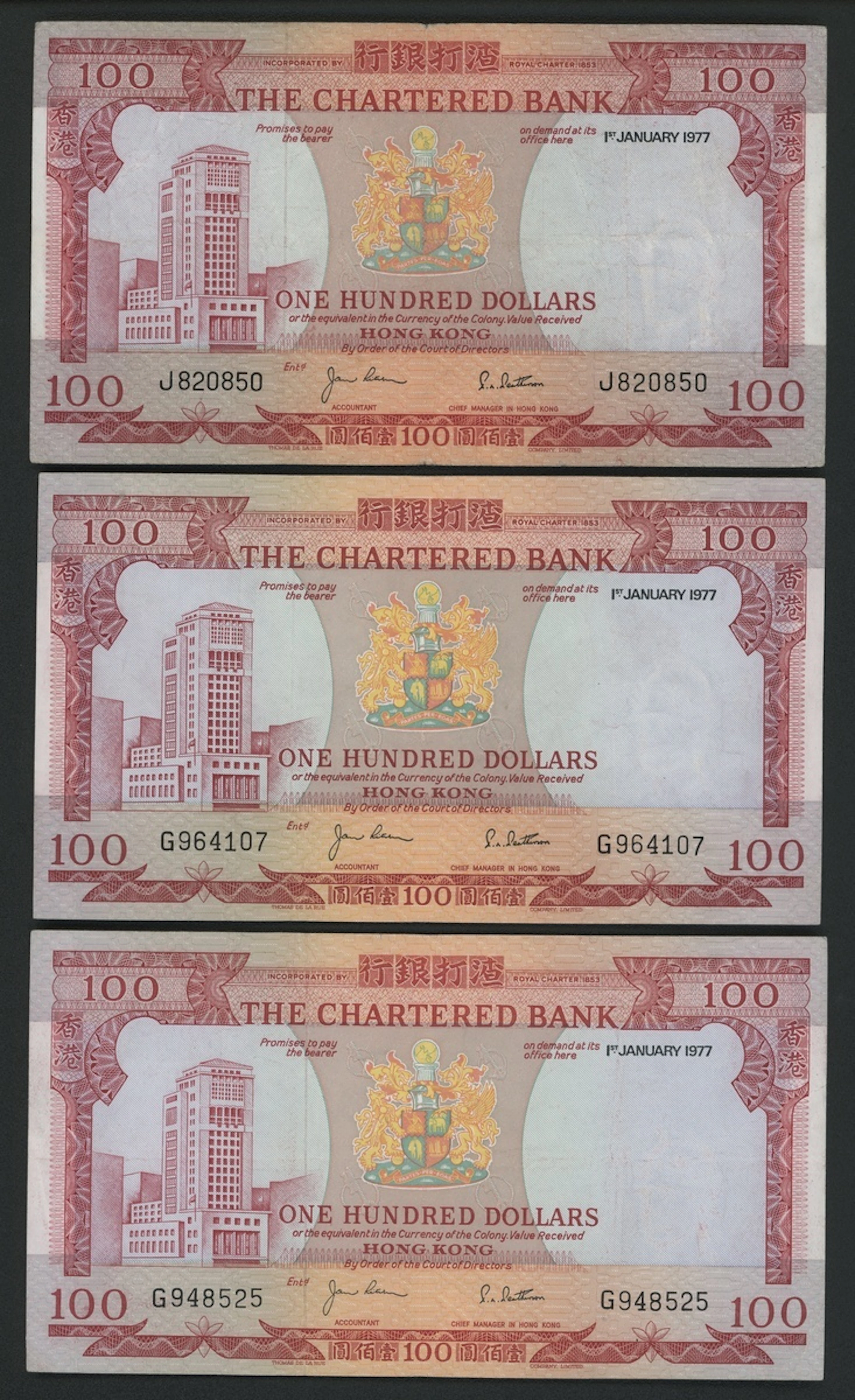 Chartered Bank, Hong Kong, $100 (3), 1977, prefixes G (2), J, (Pick 76)