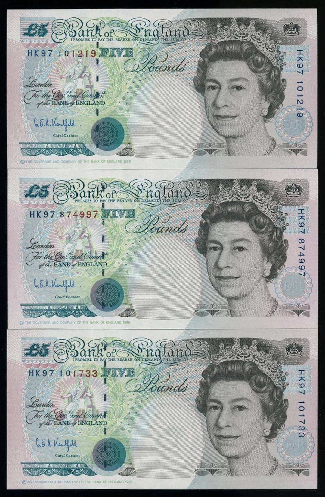 Bank of England, Great Britain, £5 (3), 1997, prefix HK97, (Pick CS7a)