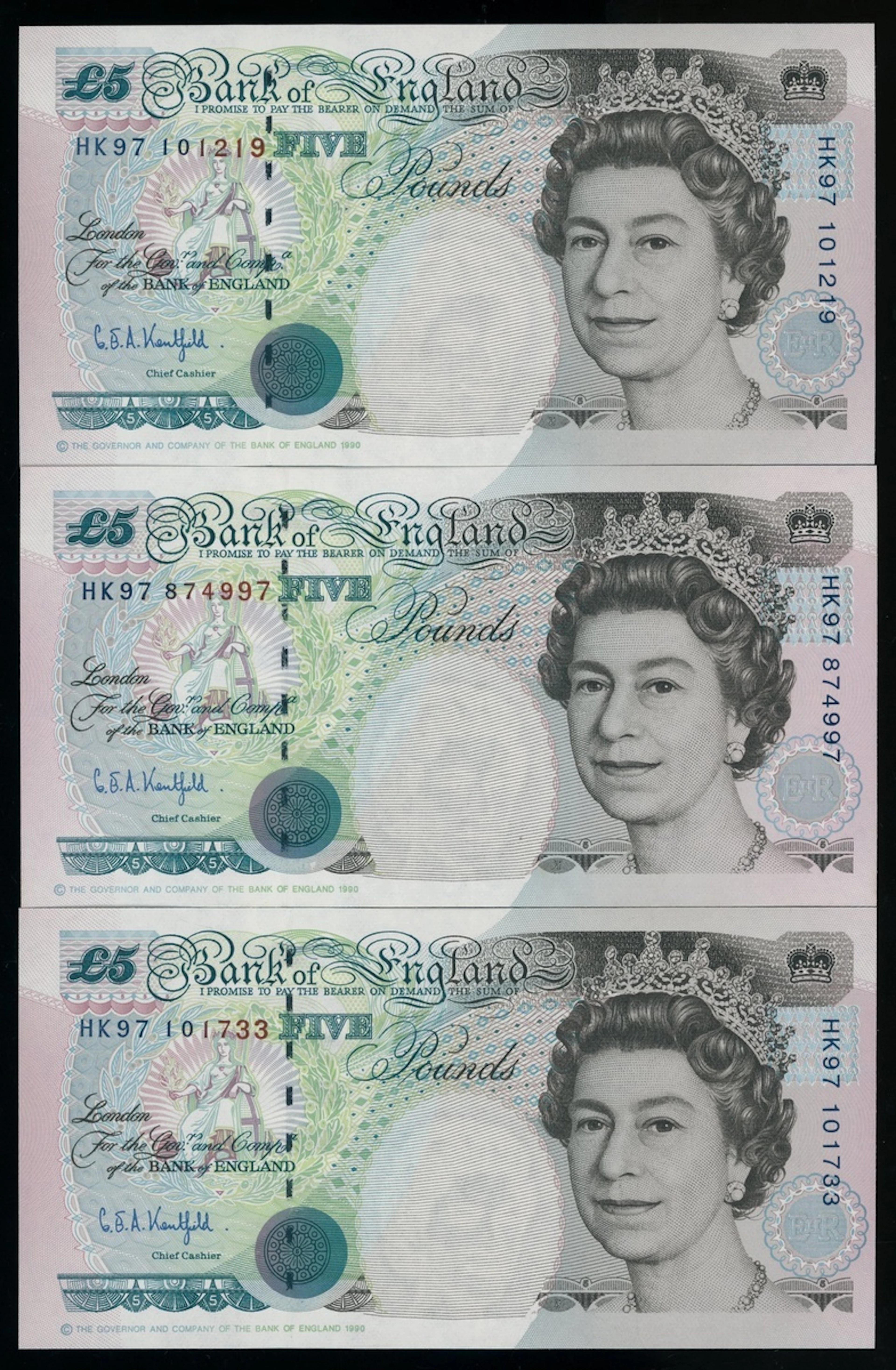 Bank of England, Great Britain, £5 (3), 1997, prefix HK97, (Pick CS7a)