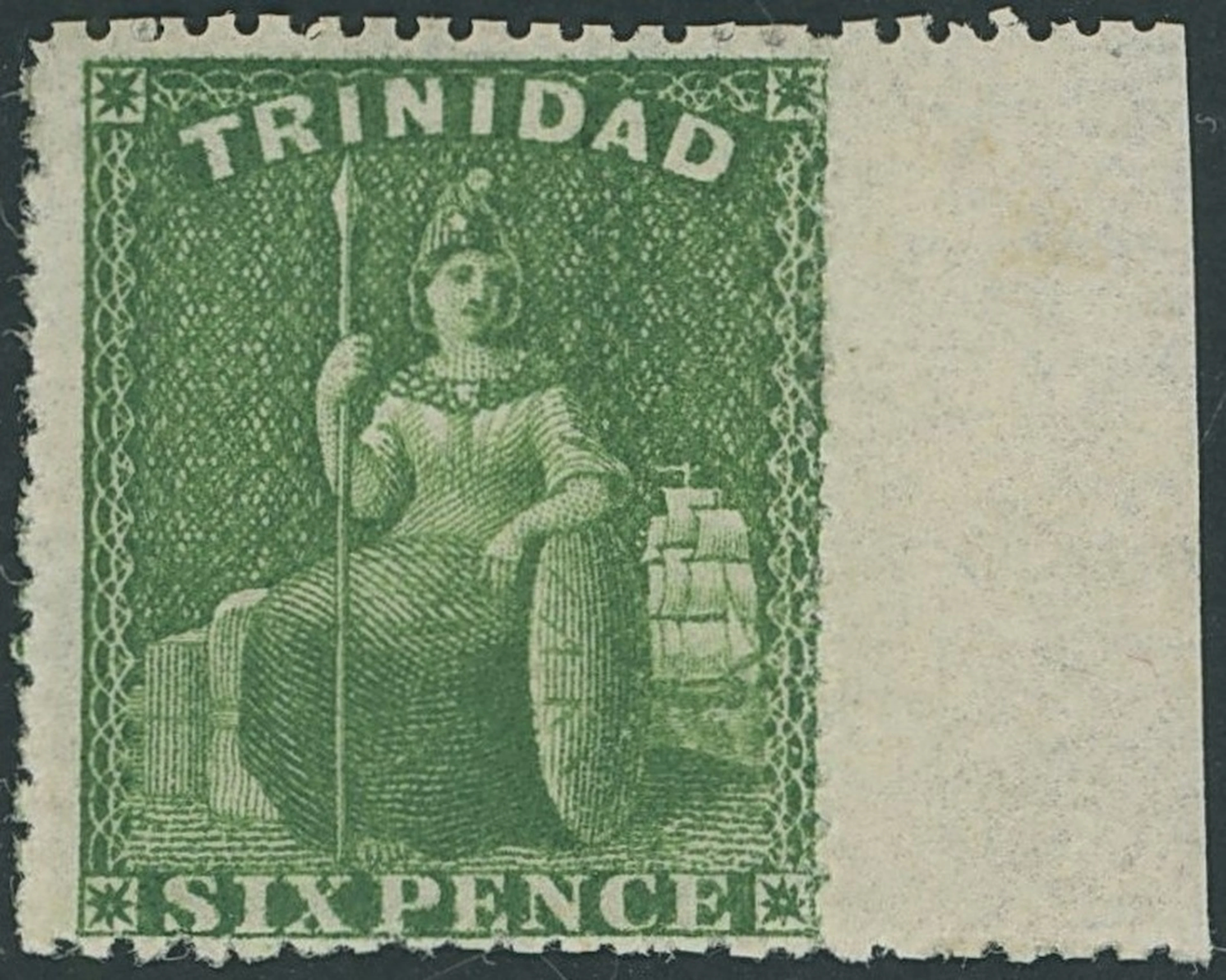 Trinidad 1860 (Aug.) clean-cut perf 14½-16, 6d. deep green with margin