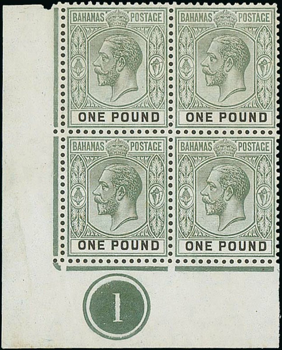 Bahamas 1912-19 MCA £1 dull green and black, a lower left corner block