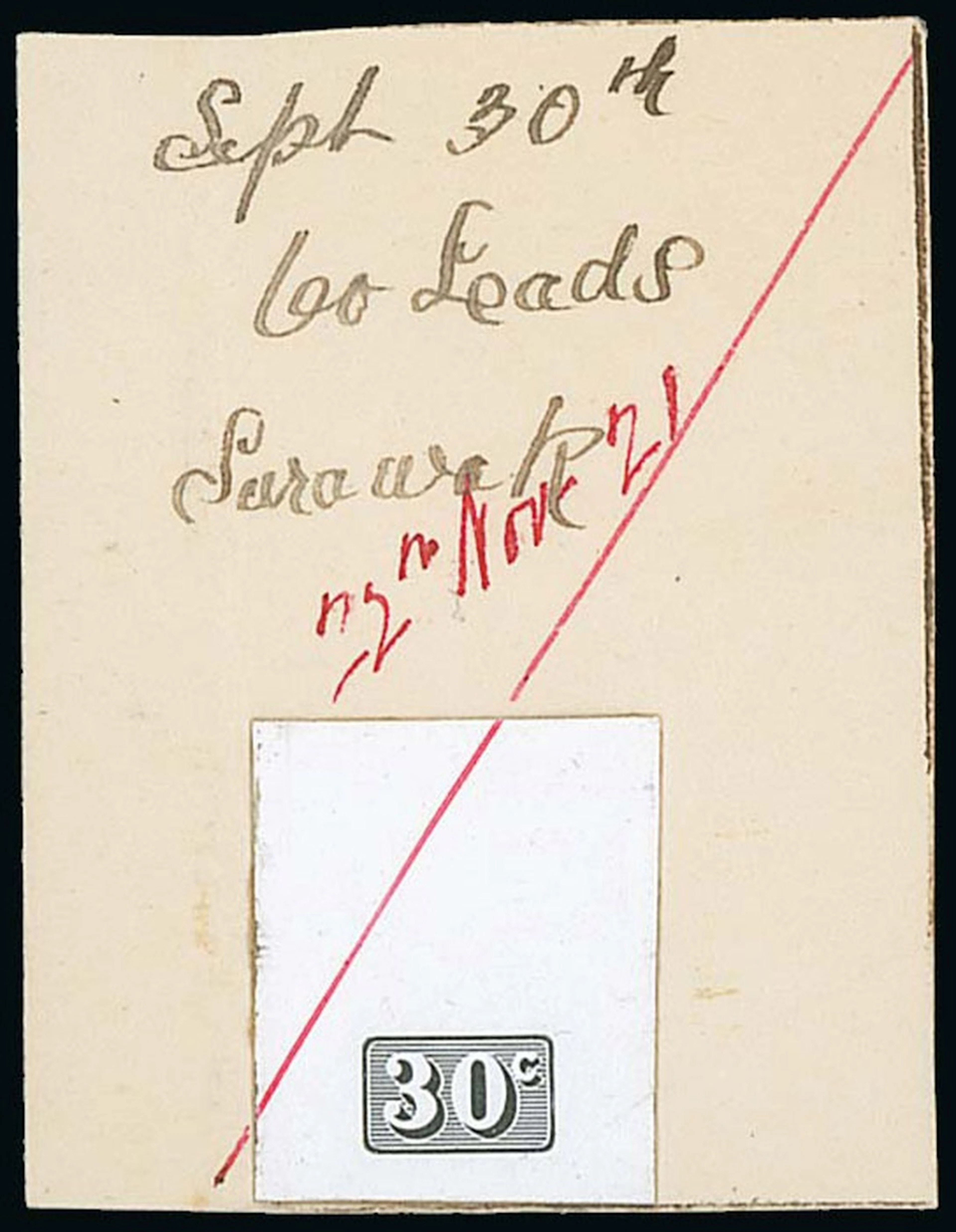 Sarawak 1922-23 New Colours and Values Die Proofs 30c. value tablet