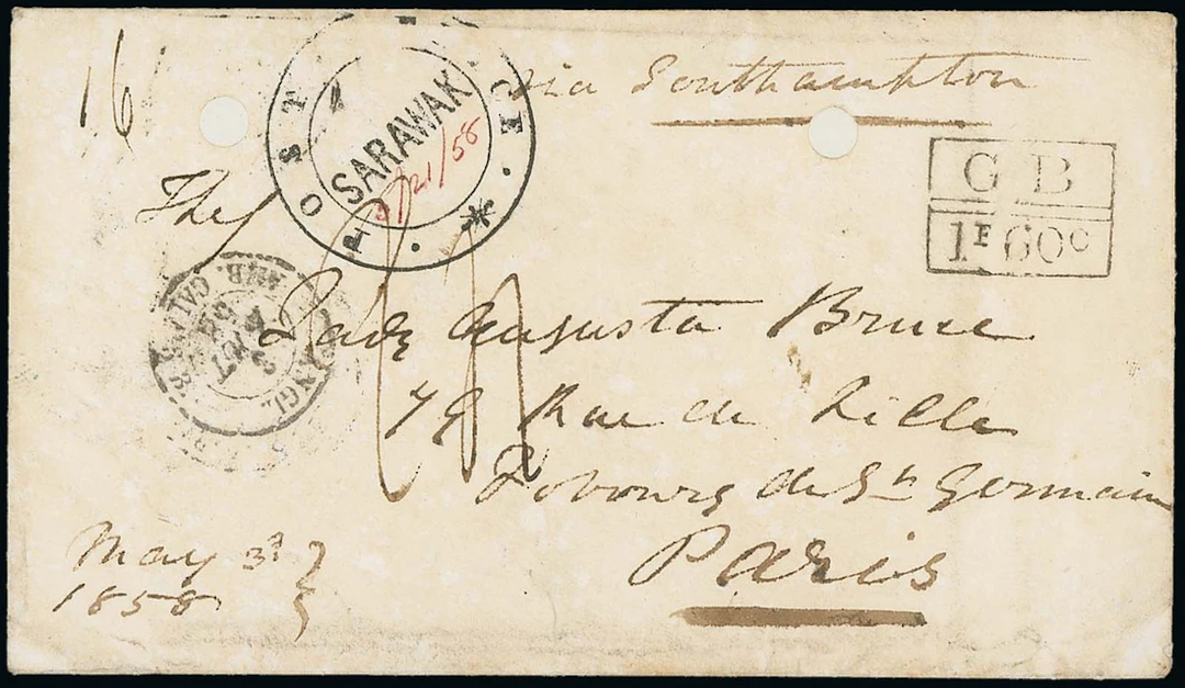 Sarawak "post office/sarawak" Handstamp 1858 (21 May) envelope to