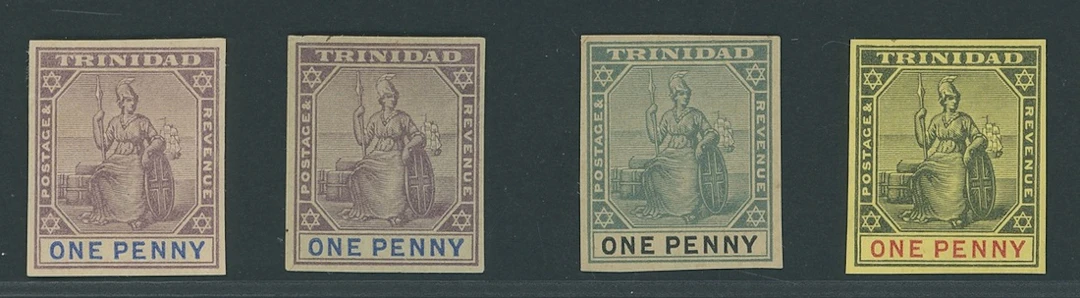 Trinidad 1896-1900 1d. imperforate colour trials (4) in dull purple