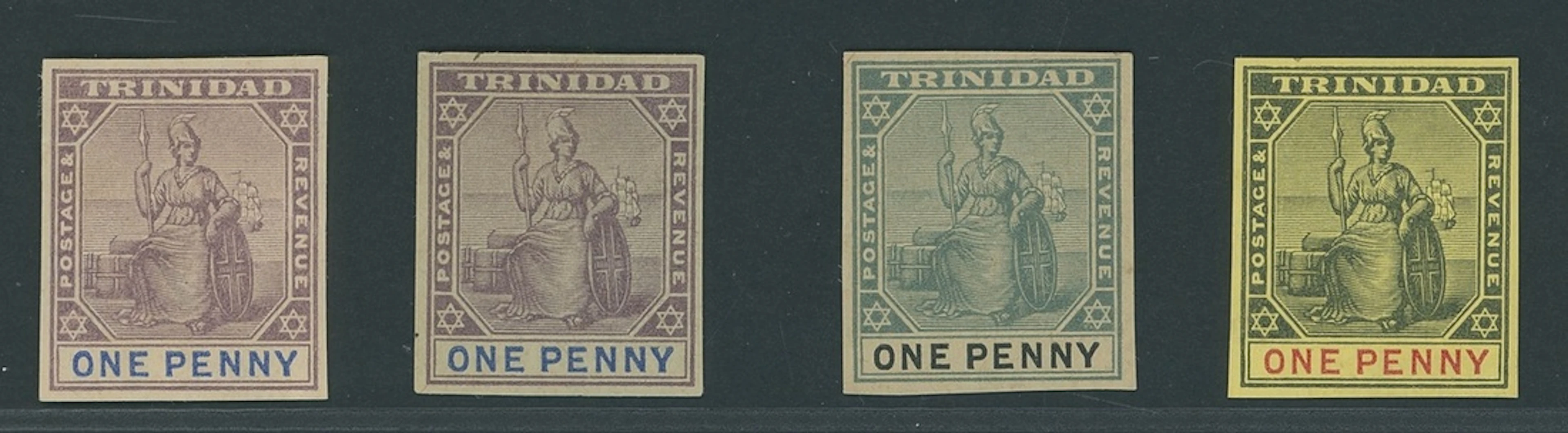 Trinidad 1896-1900 1d. imperforate colour trials (4) in dull purple