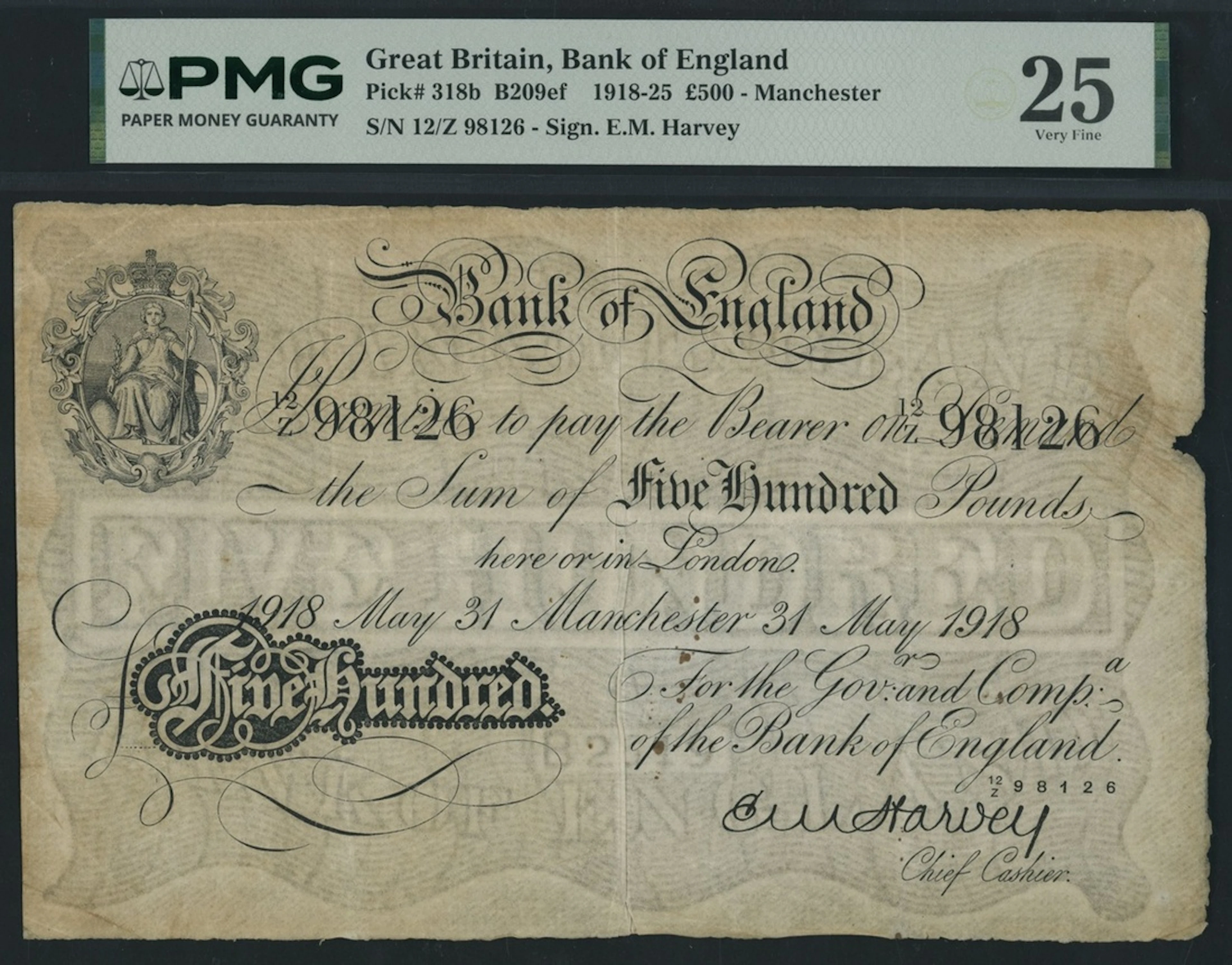 Bank of England, E. M. Harvey, £500, Manchester, 31st May 1918, serial