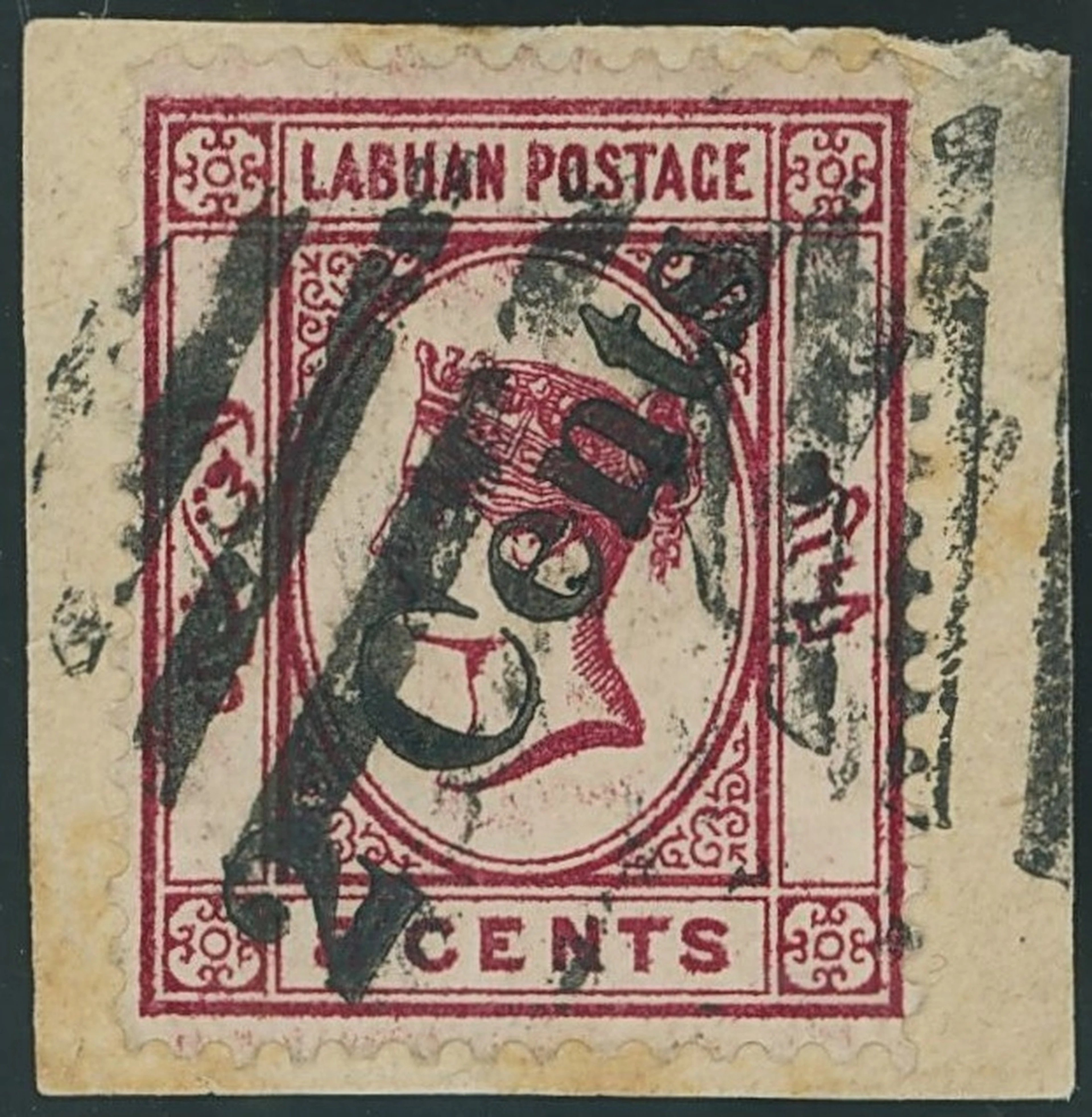 Labuan 1885 (Sept.) Surcharge "2 Cents" on 8c. carmine on small piece