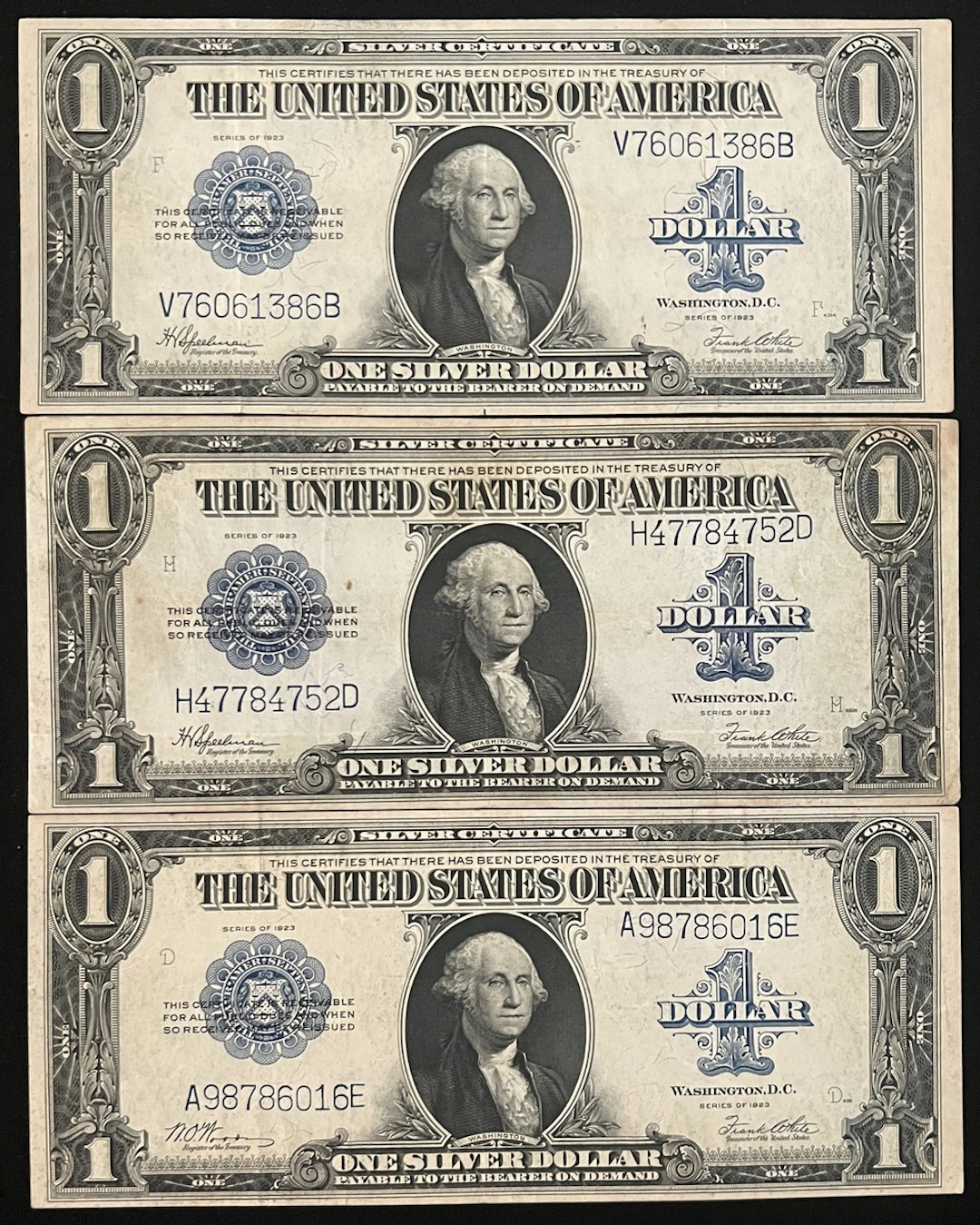 United States, Silver Certificate, $1 (3), 1923, serial number A98786016E