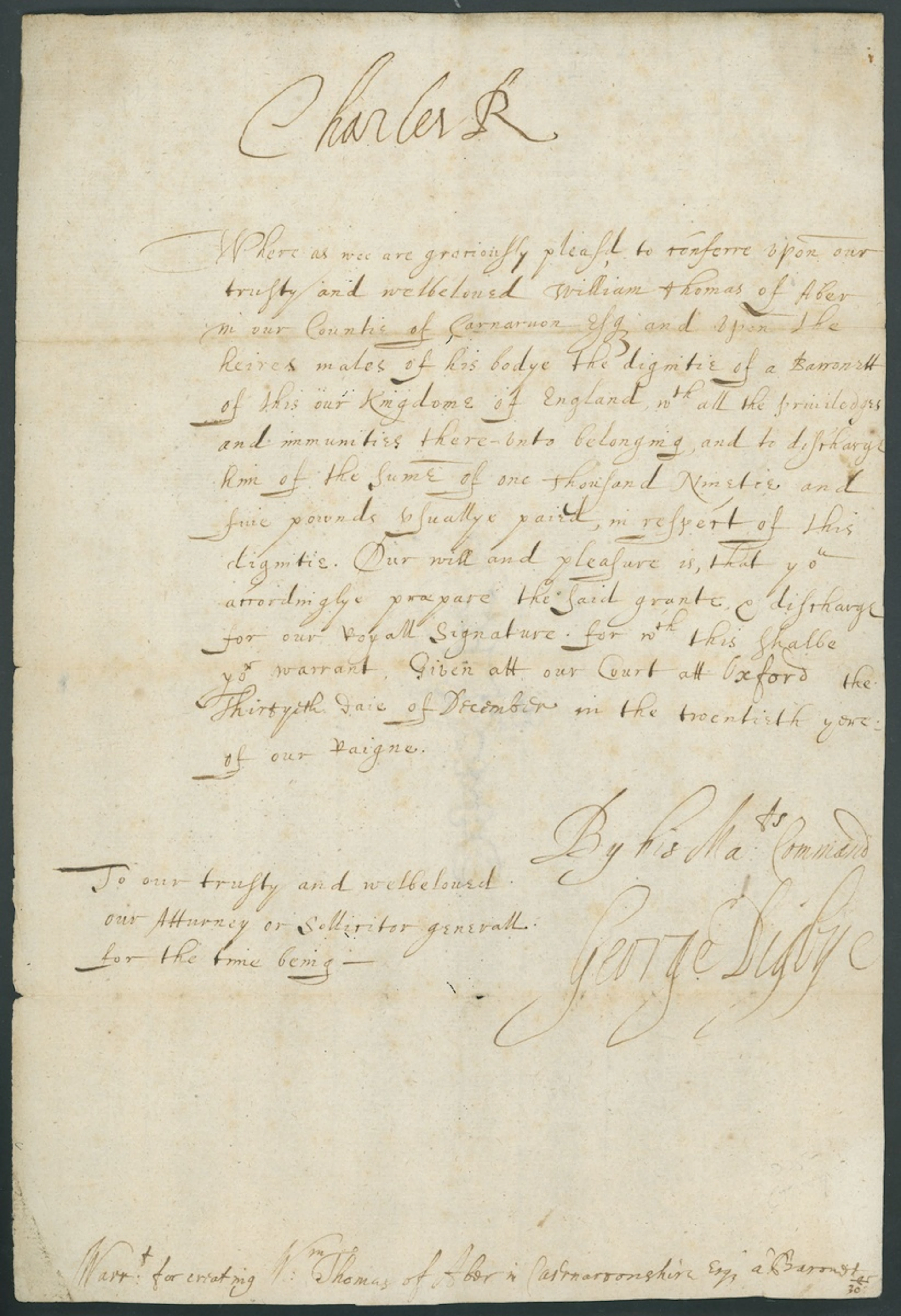 King Charles I 1644 (30 December) document "Given att our Court att