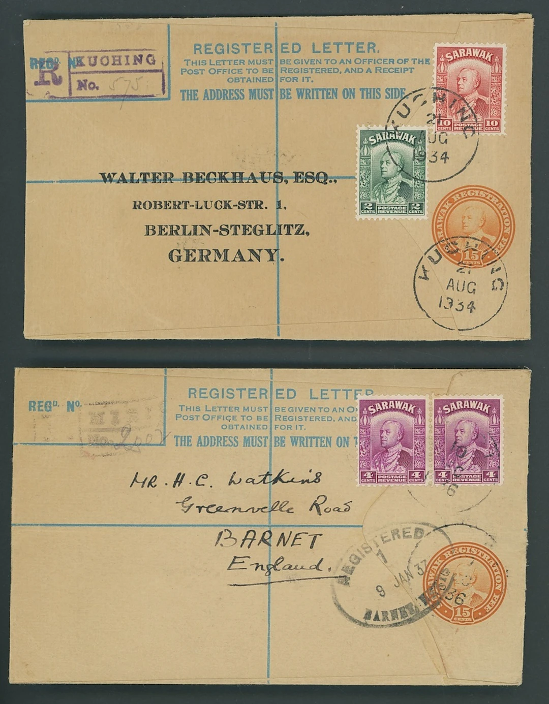 Sarawak Postal Stationery Registered Envelopes 1934 15c. 1936 (10