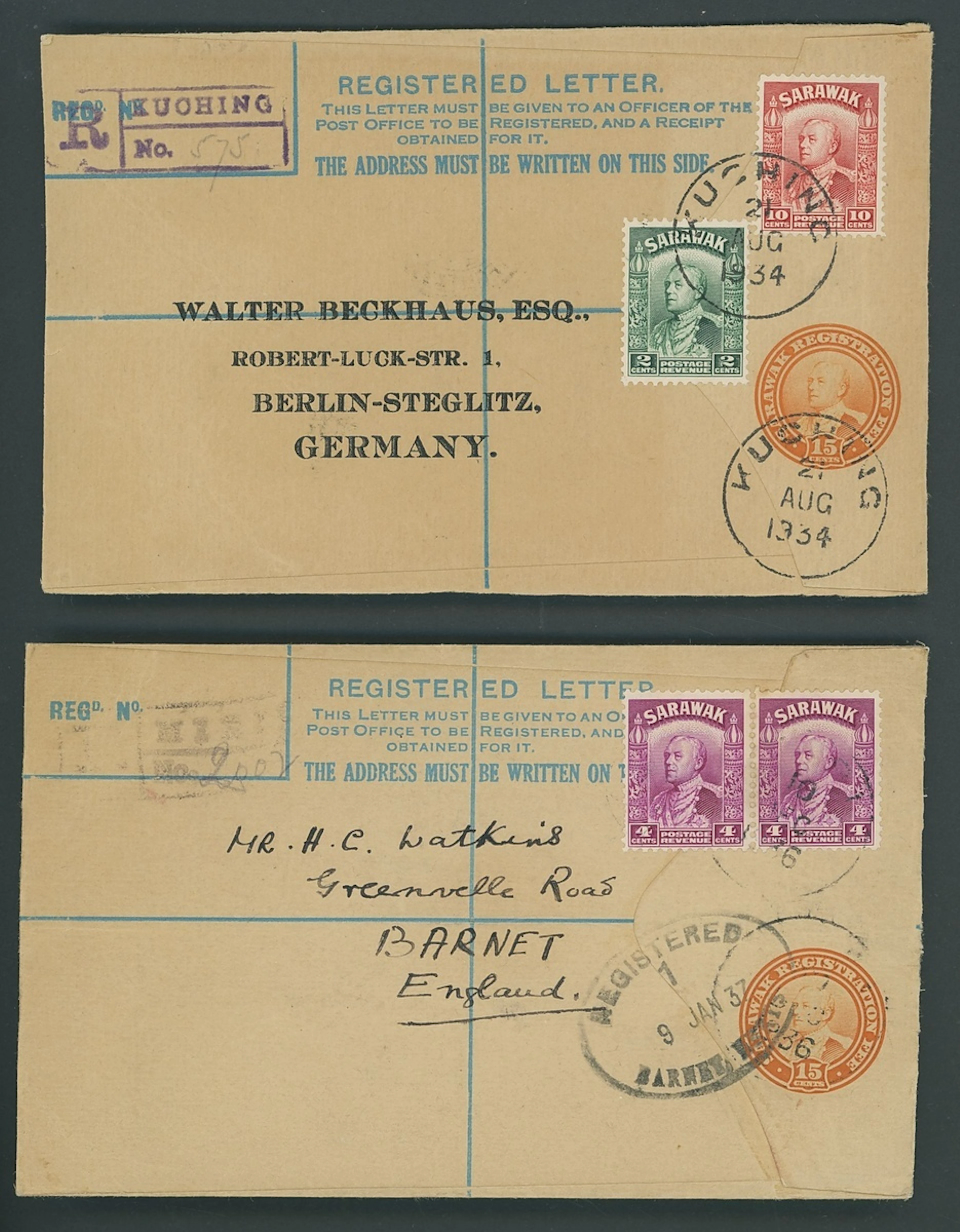 Sarawak Postal Stationery Registered Envelopes 1934 15c. 1936 (10
