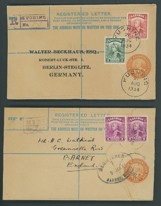 Sarawak Postal Stationery Registered Envelopes 1934 15c. 1936 (10