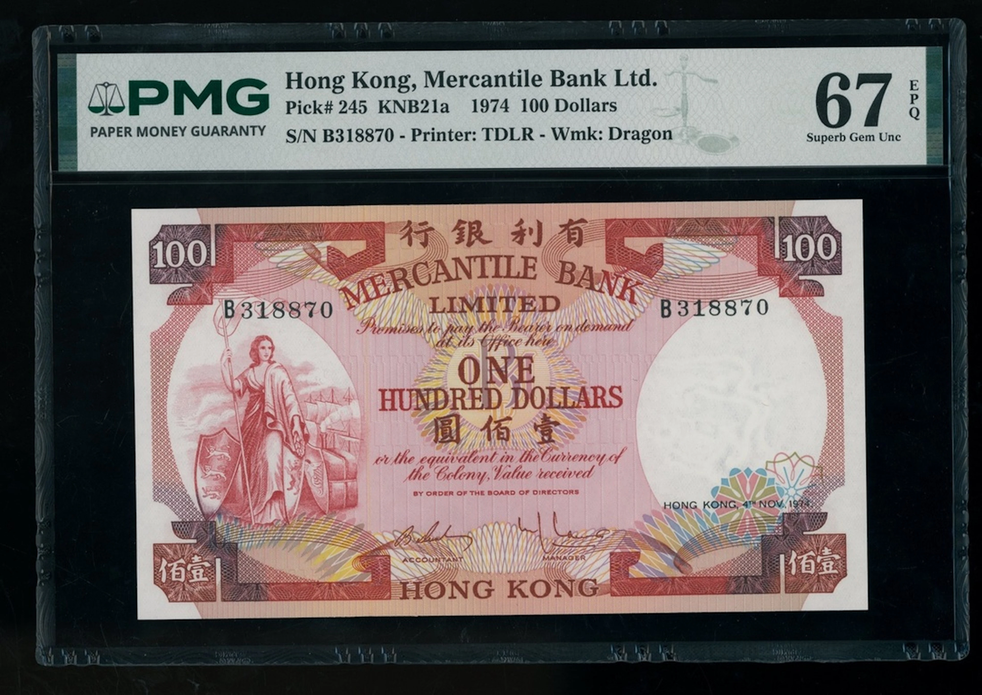 Mercantile Bank, Hong Kong, $100, 4.11.1974, serial number B318870, (Pick 245)