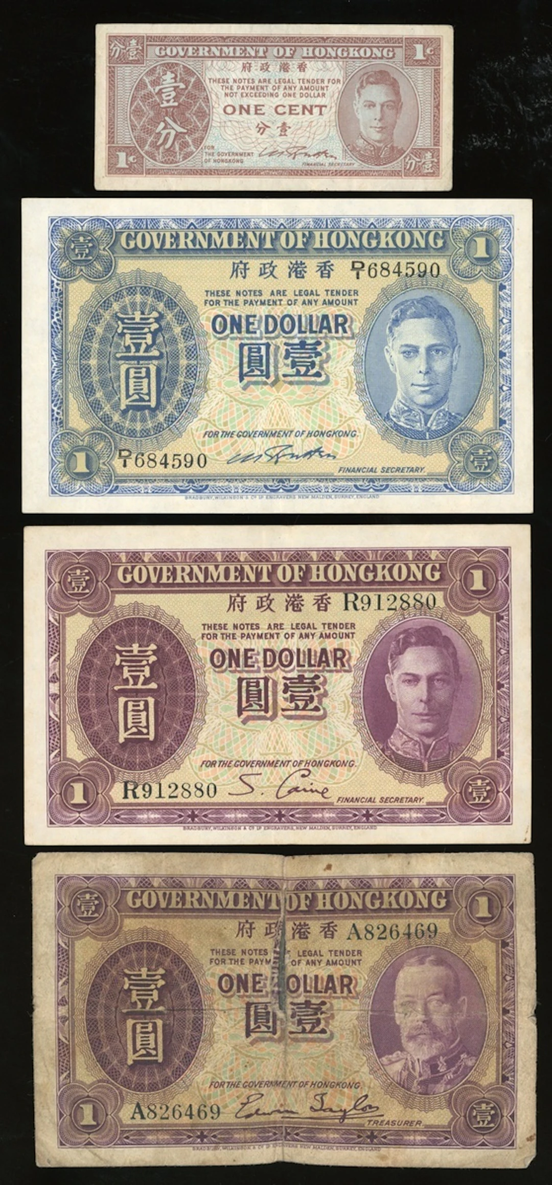 Government of HongKong, a group of 4x, George V $1, George VI 1 cent