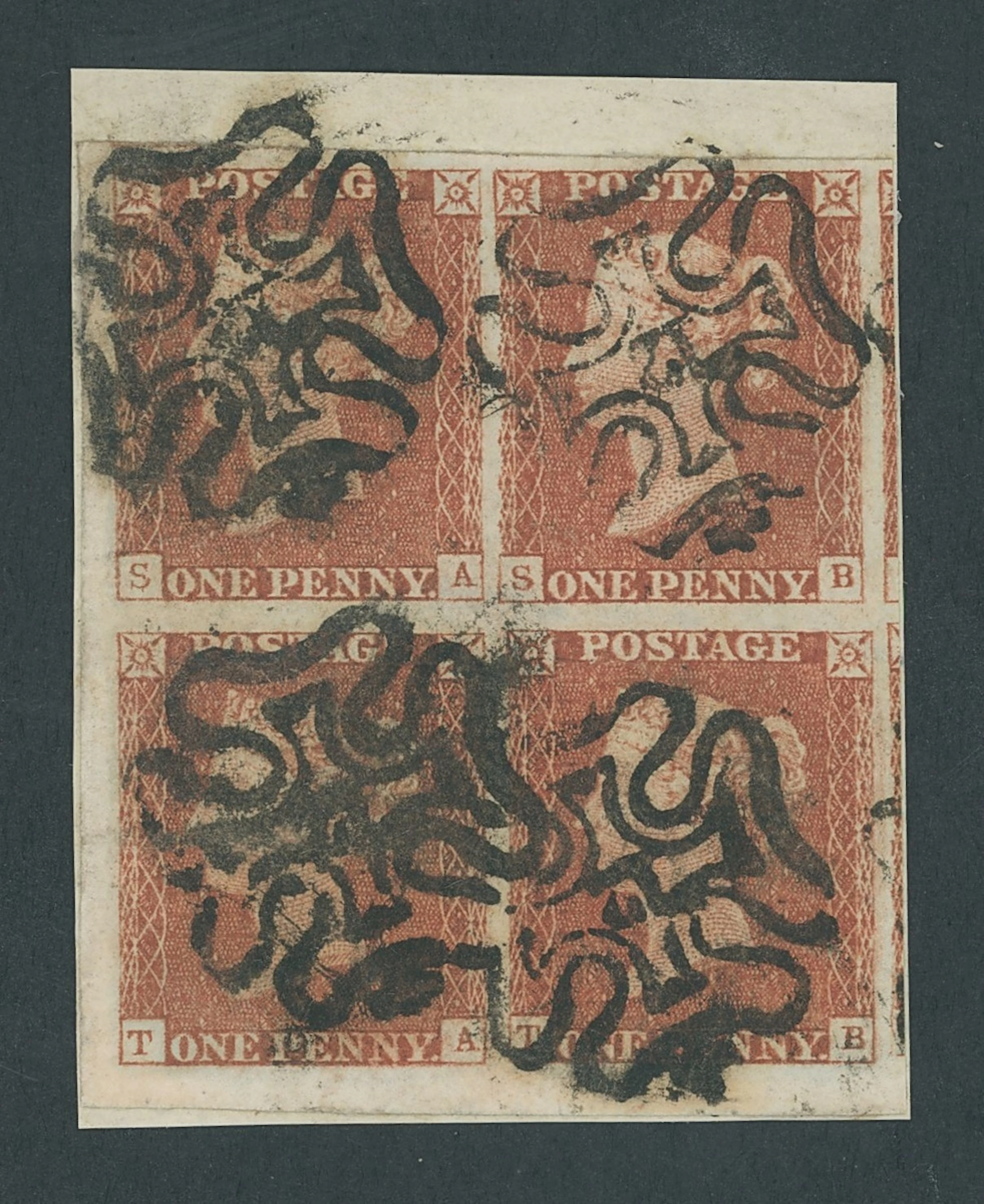 Great Britain 1841-53 One Penny Red-Brown Plate 36: SA-TB, block of