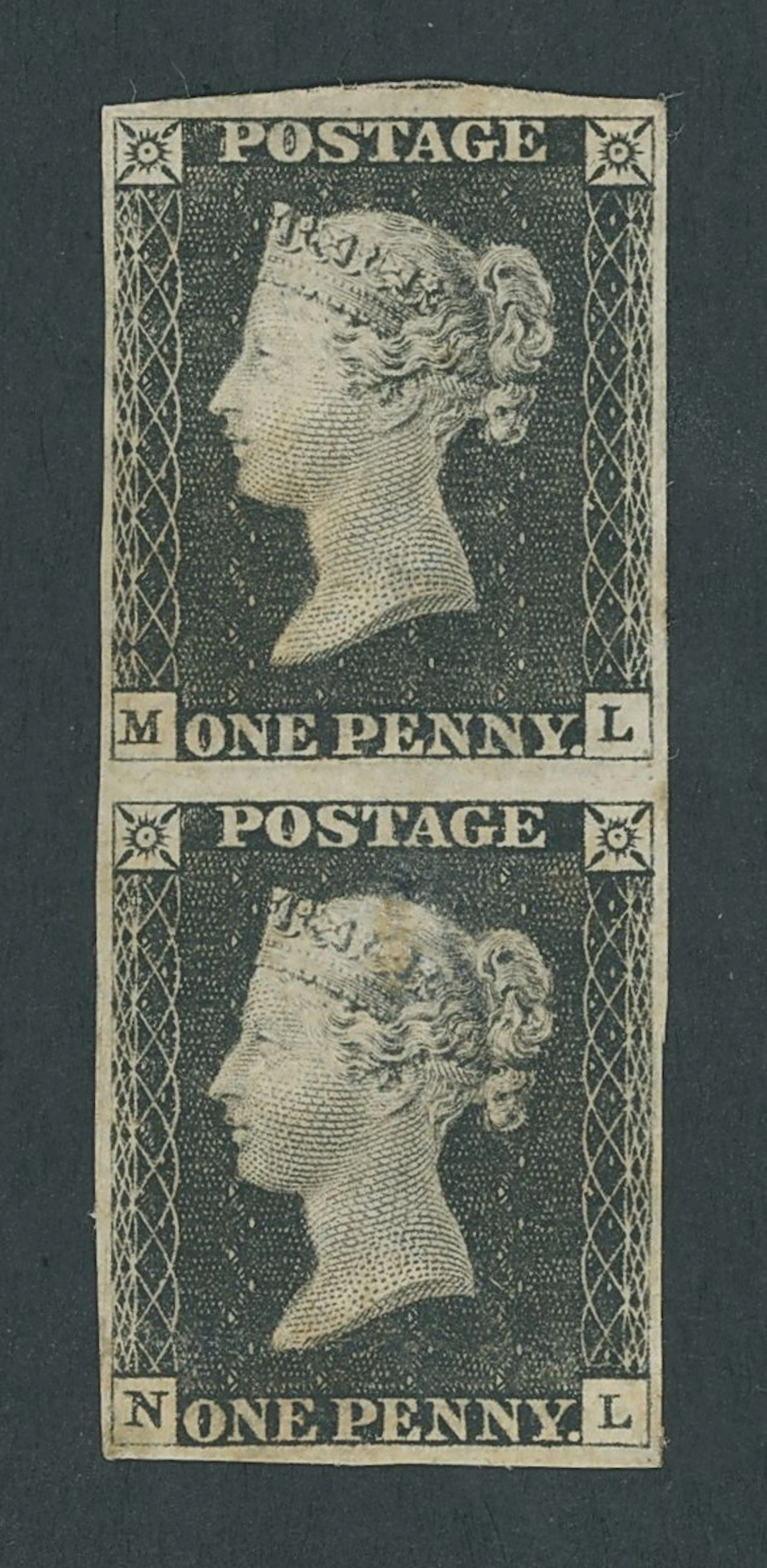 Great Britain 1840 One Penny Black Plate 3 ML-NL, vertical pair, good