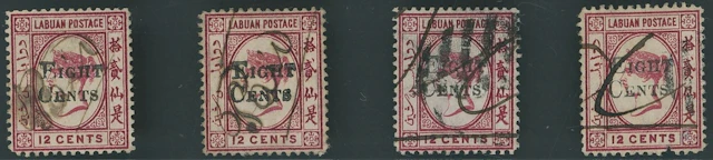 Labuan 1881 (March) "eight/cents" on 12c. Carmine Four used examples