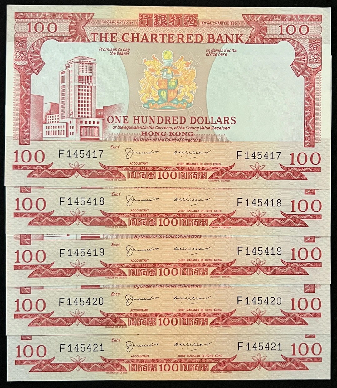 Chartered Bank, Hong Kong, consecutive $100 (5), ND (1970), serial