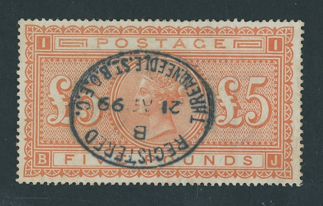 Great Britain 1867-83 Watermark Large Anchor, White Paper £5 orange