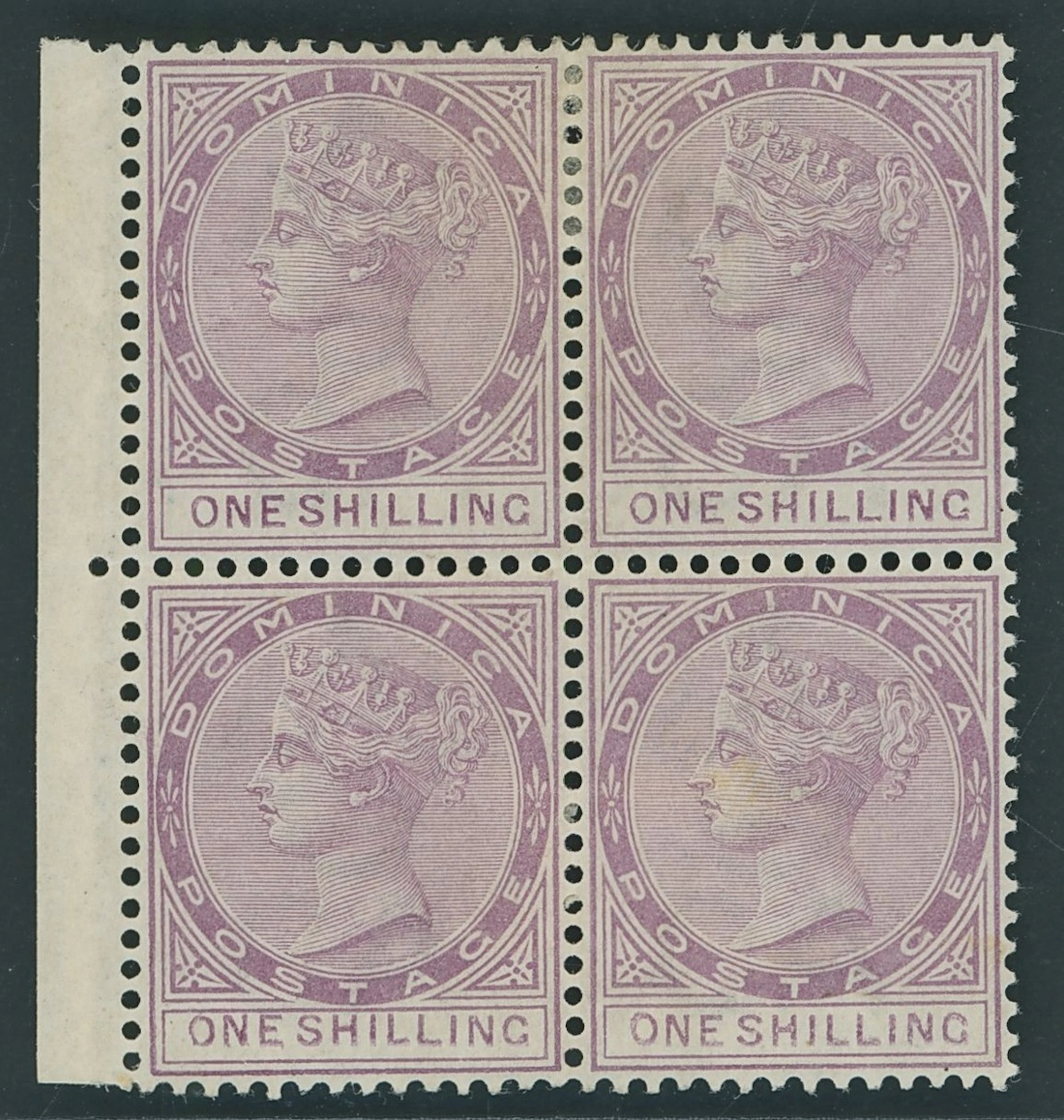 Dominica 1886-90 CA 1/- dull magenta block of four from the left of