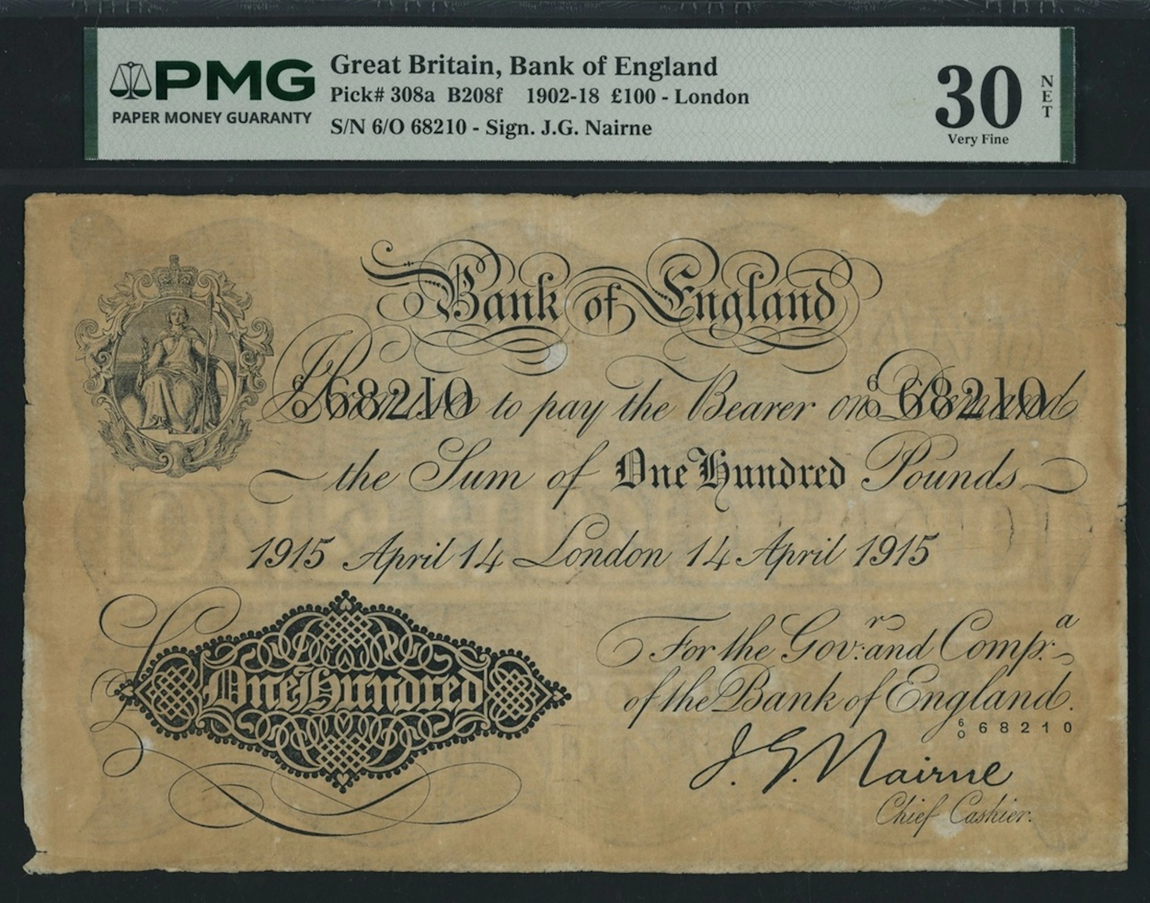 Bank of England, J. G. Nairne, £100, London, 14th April 1915, serial