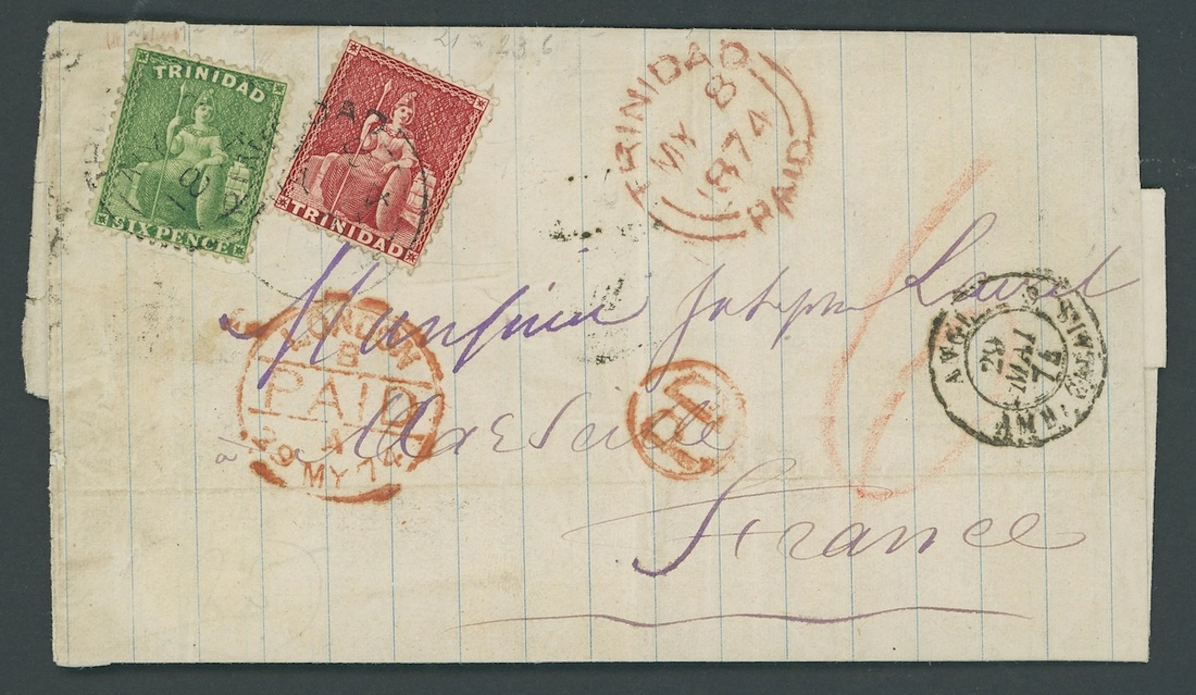 Trinidad Covers and Cancellations 1874 (8 May) entire letter to France
