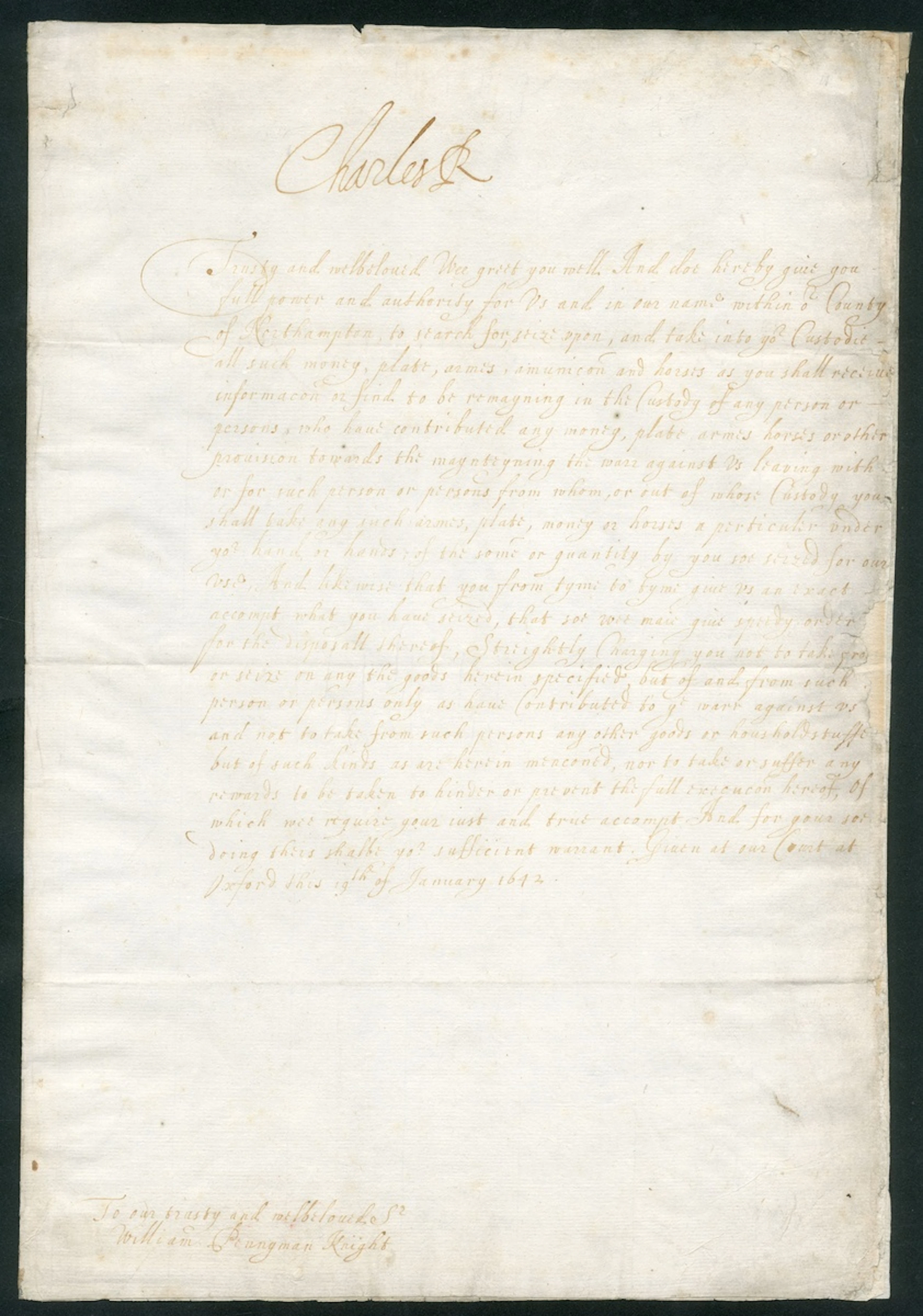 King Charles I in Oxford 1642 (19 Jan.) letter from Oxford signed