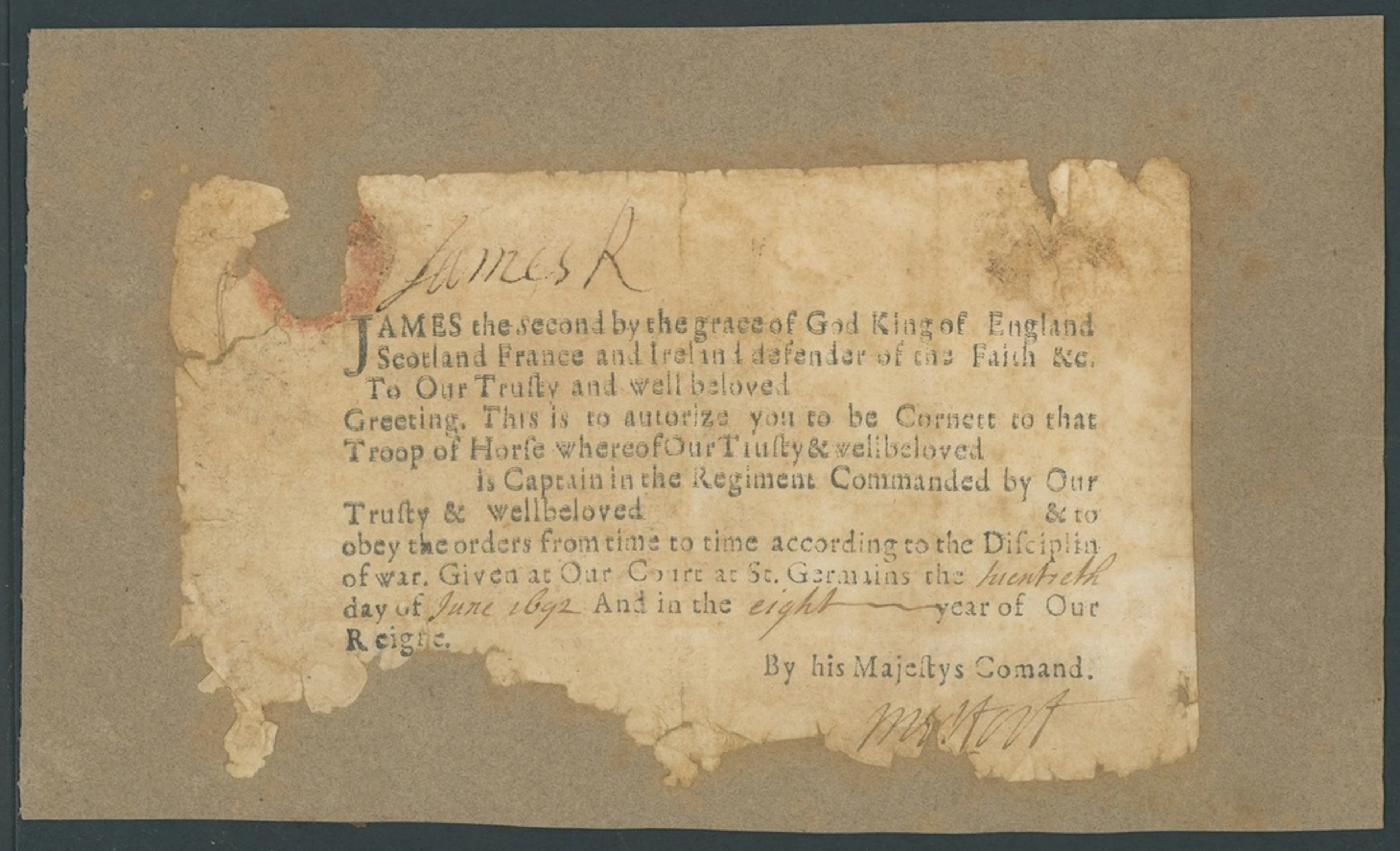 King James II - In Exile 1692 (20 June), a small printed military