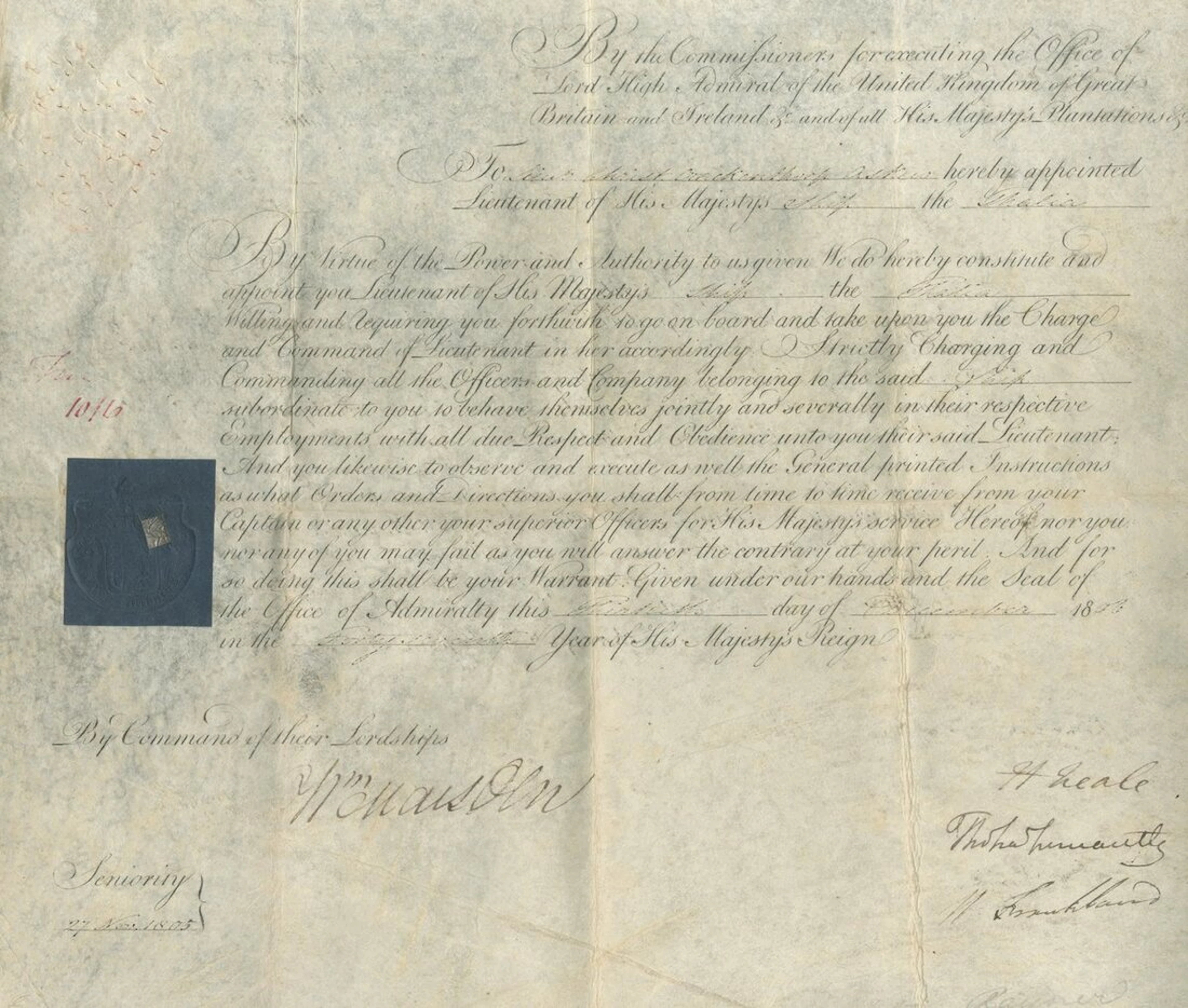 Trio of Warrant Documents Admiralty Warrant appointing Sir John Norris
