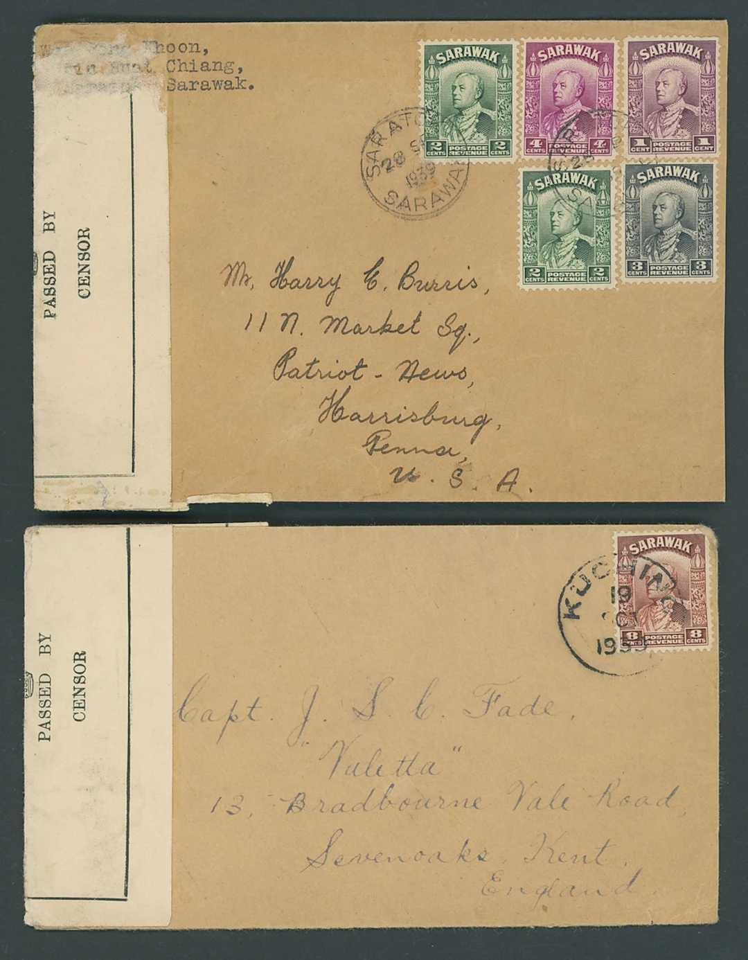 Sarawak Covers and Cancellations Censor Mail 1939 (28 Sept.) envelope