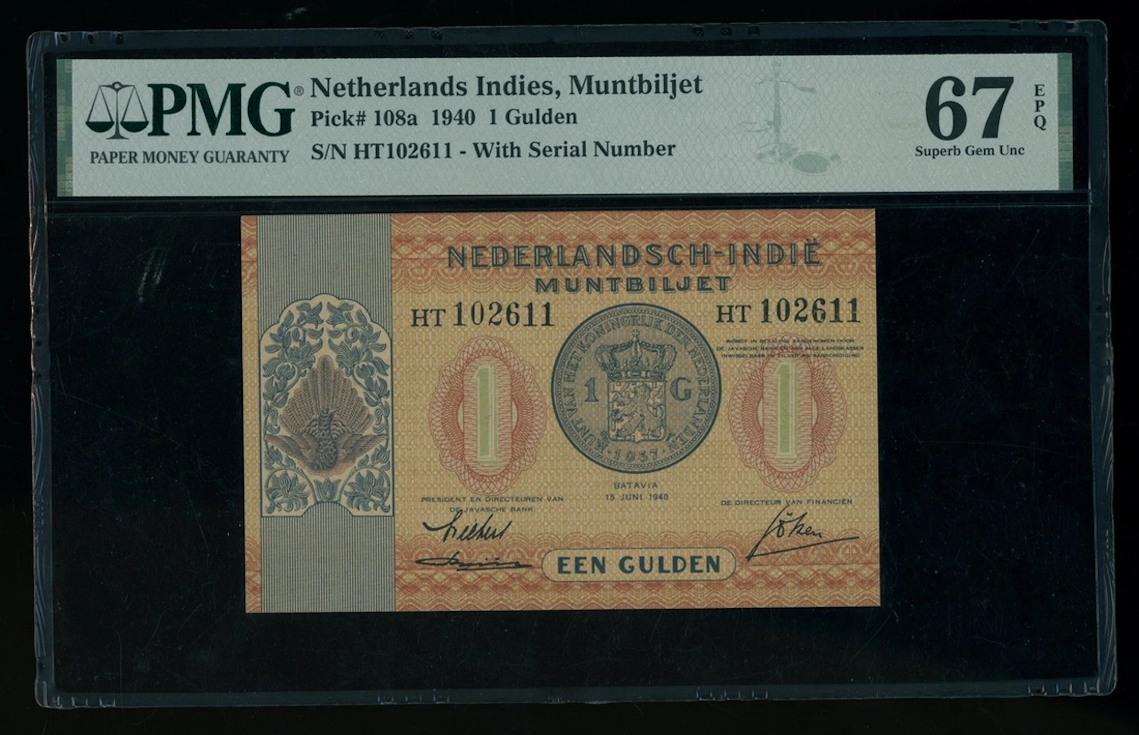 Netherlands Indies, Muntbiljet, 1 gulden, 1940, serial number HT102611