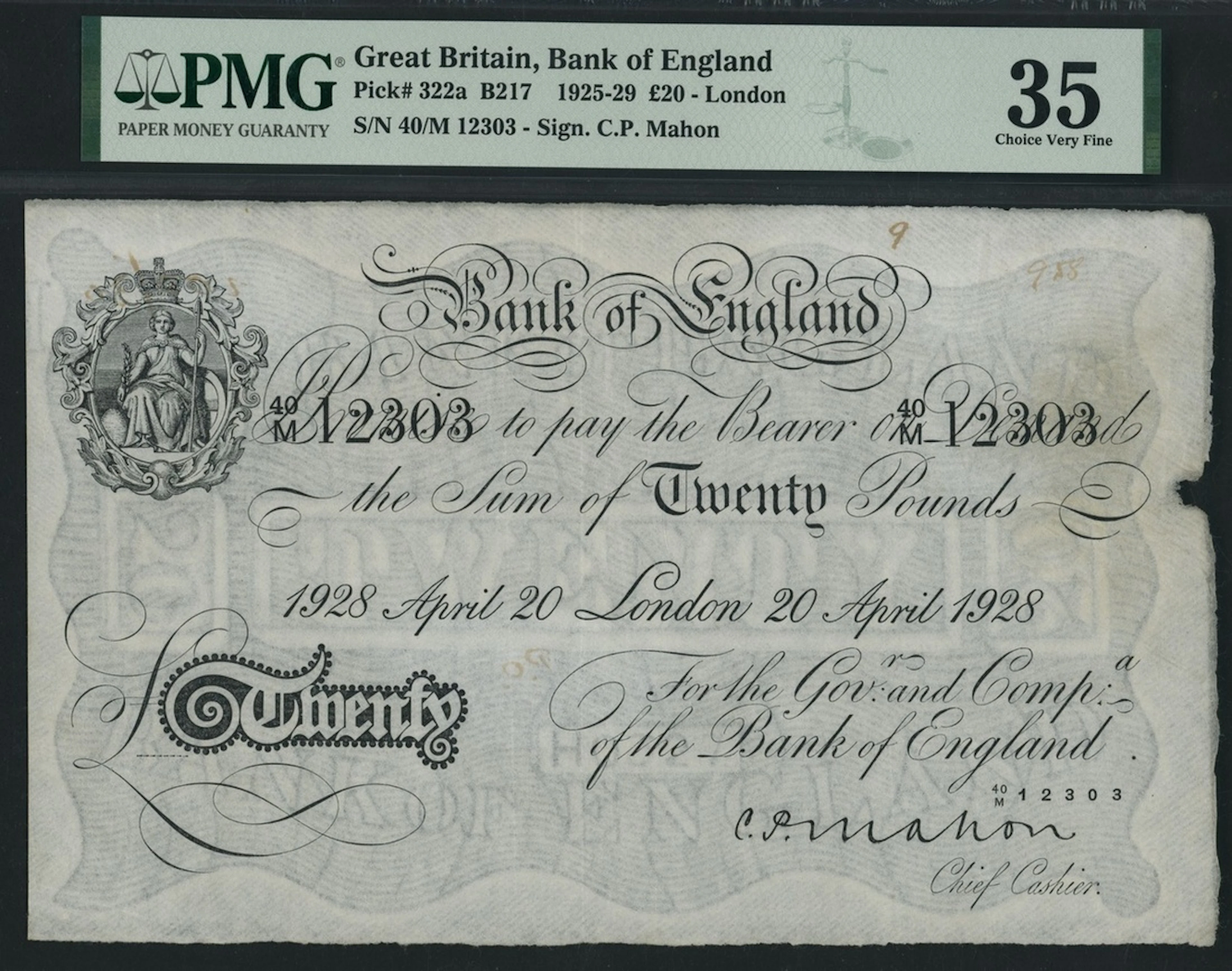 Bank of England, C. P. Mahon, £20, London, 20th April 1928, serial