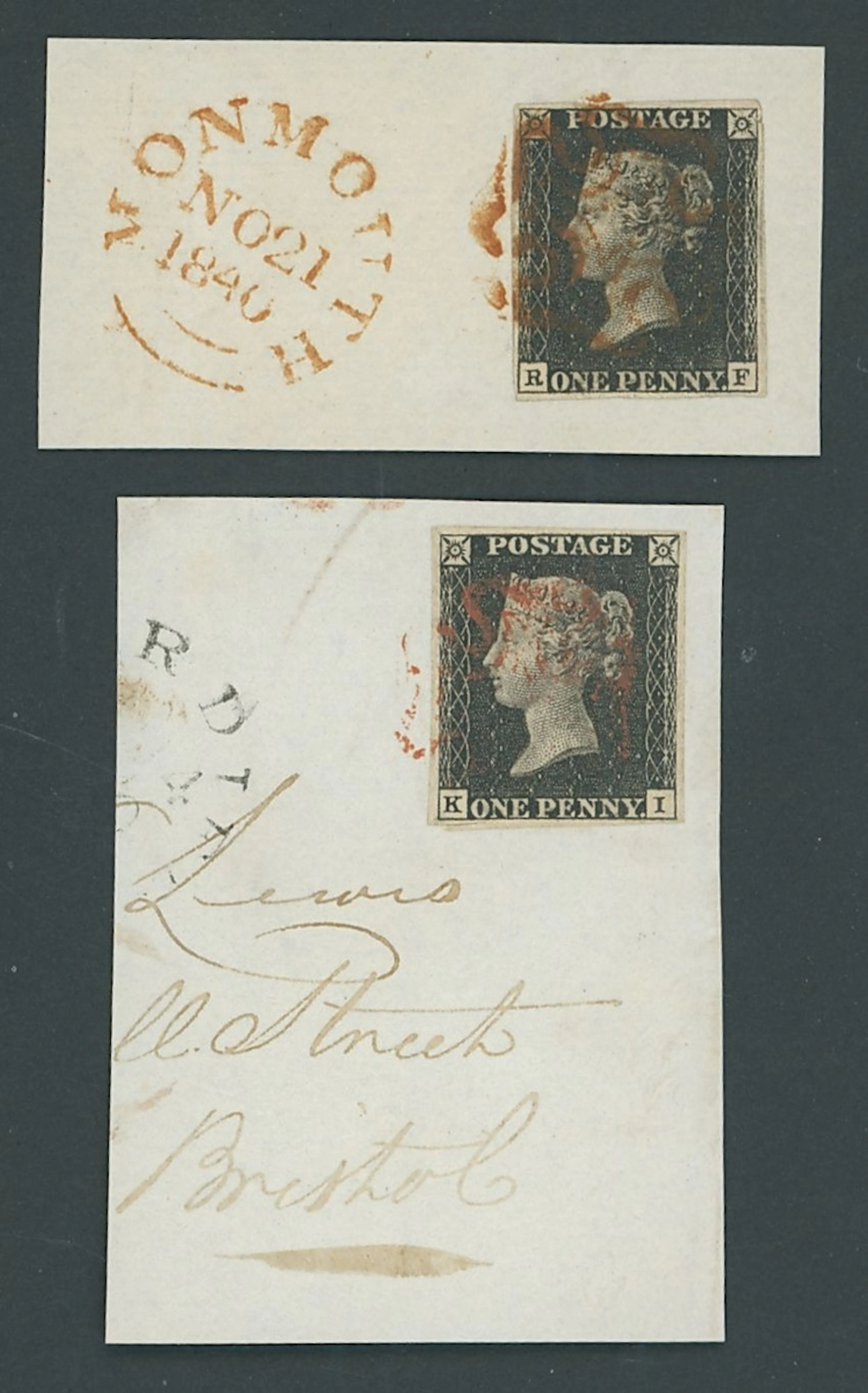 Great Britain 1840 One Penny Black Plate 7 KI, tied to piece by red