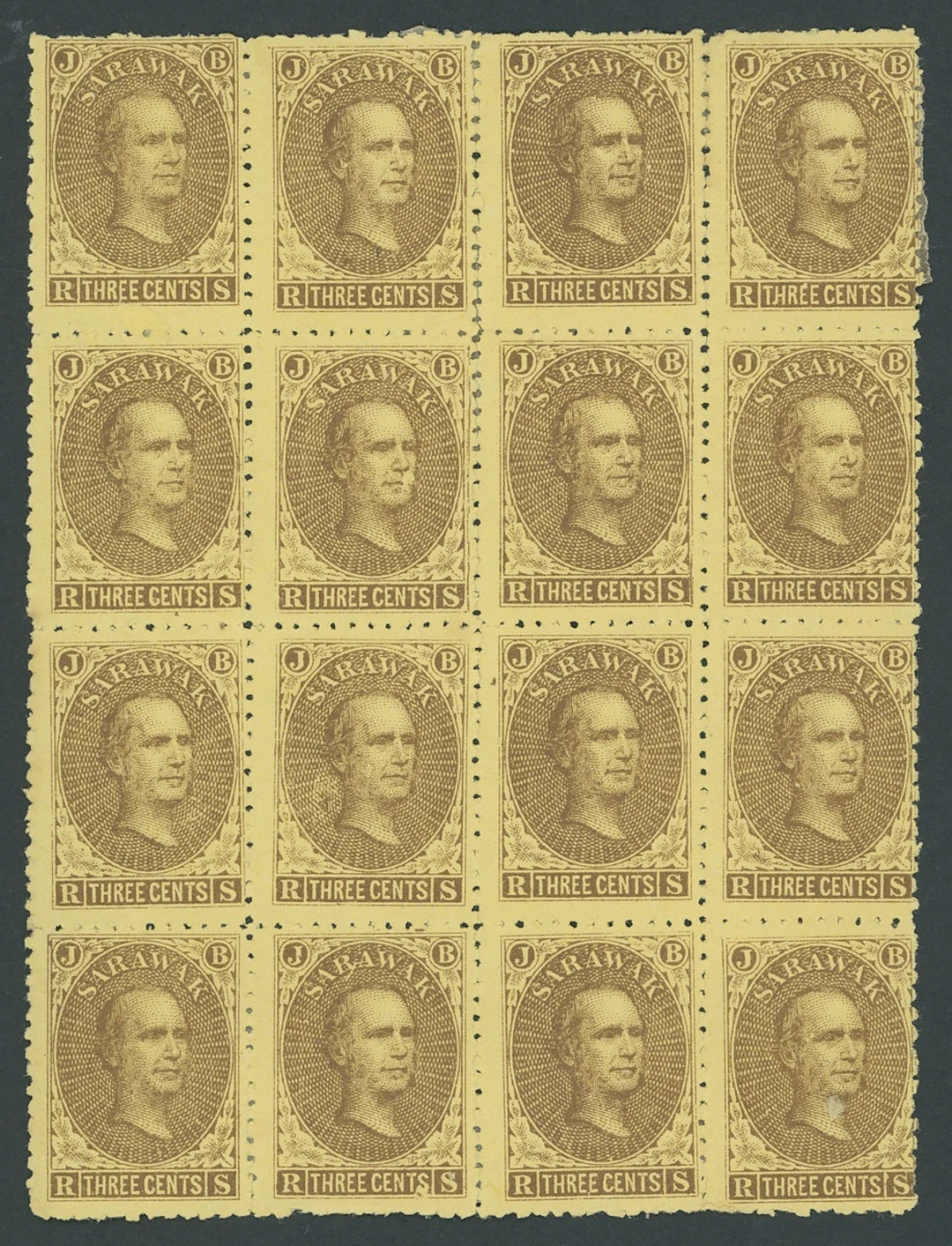 Sarawak 1869 Sir James Brooke Issued Stamps 3c. brown on yellow block