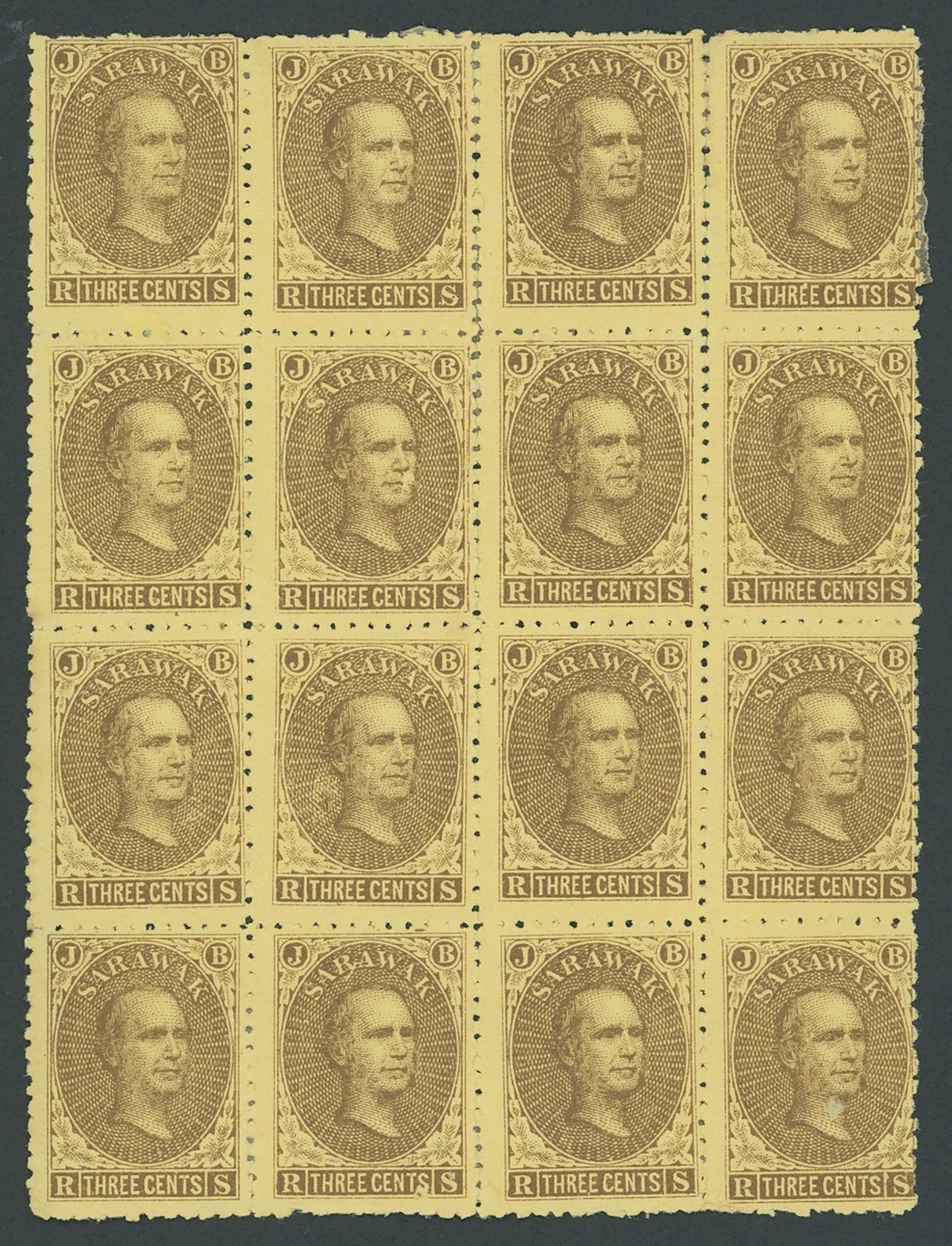 Sarawak 1869 Sir James Brooke Issued Stamps 3c. brown on yellow block