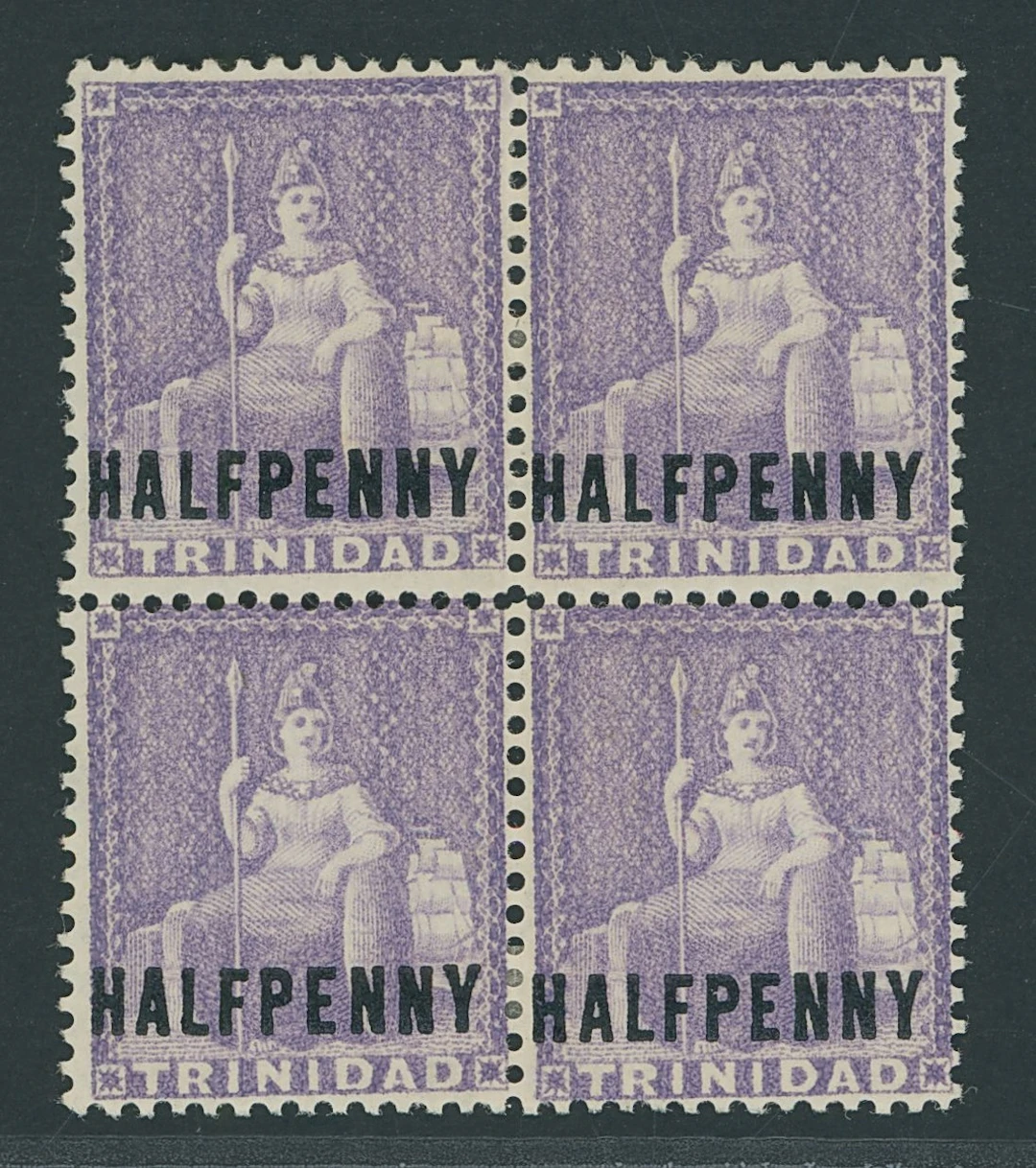 Trinidad 1879-82 CA ½d. lilac block of four, unused with large part