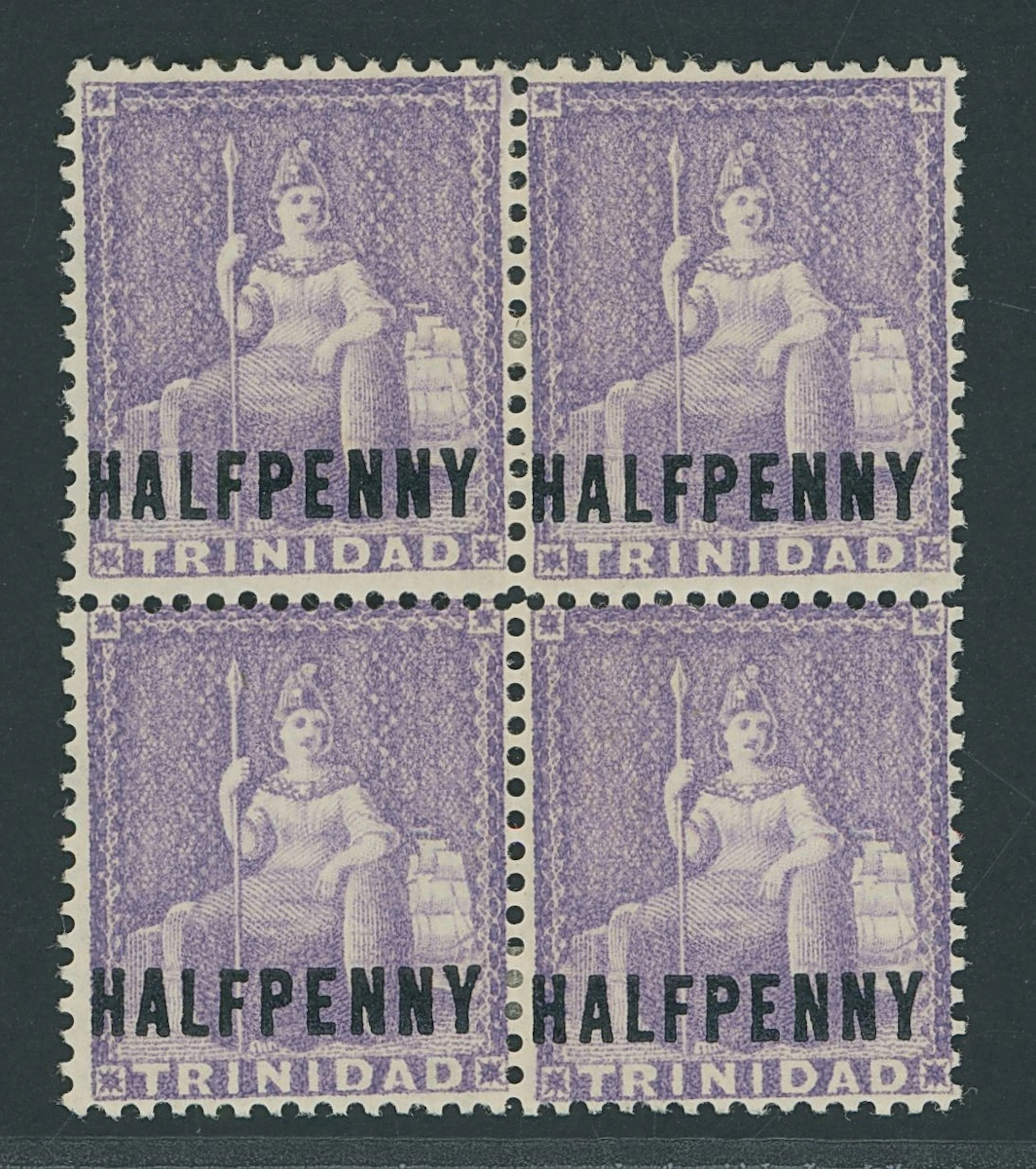 Trinidad 1879-82 CA ½d. lilac block of four, unused with large part