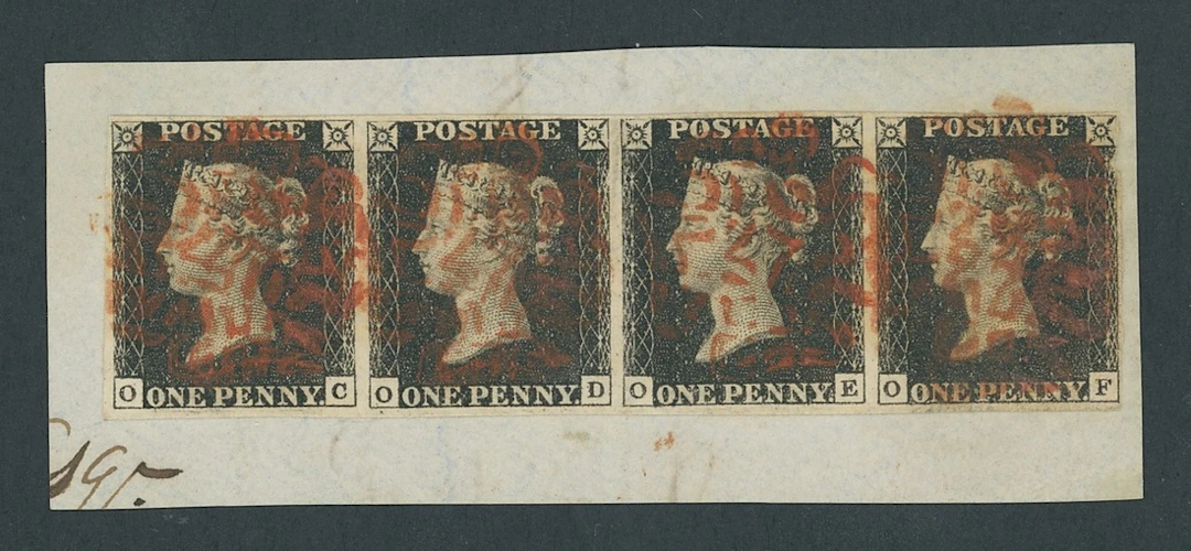 Great Britain 1840 One Penny Black Plate 4 OC-OF, horizontal strip