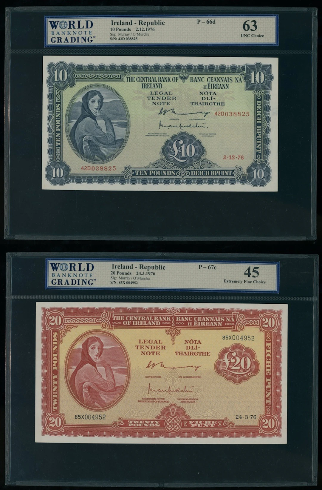 Central Bank of Ireland, a pair, including £10, 2.12.1976 and £20