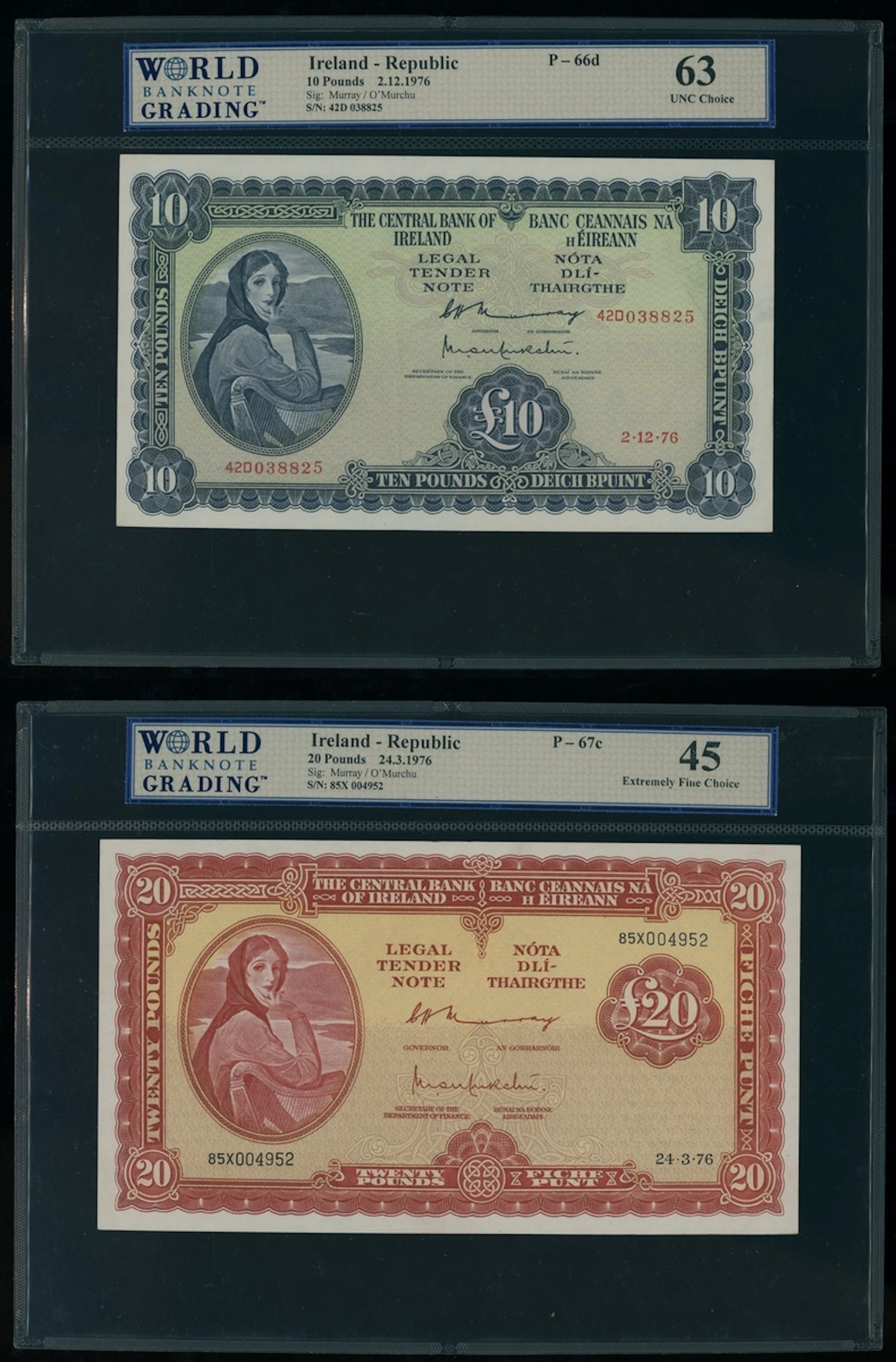Central Bank of Ireland, a pair, including £10, 2.12.1976 and £20