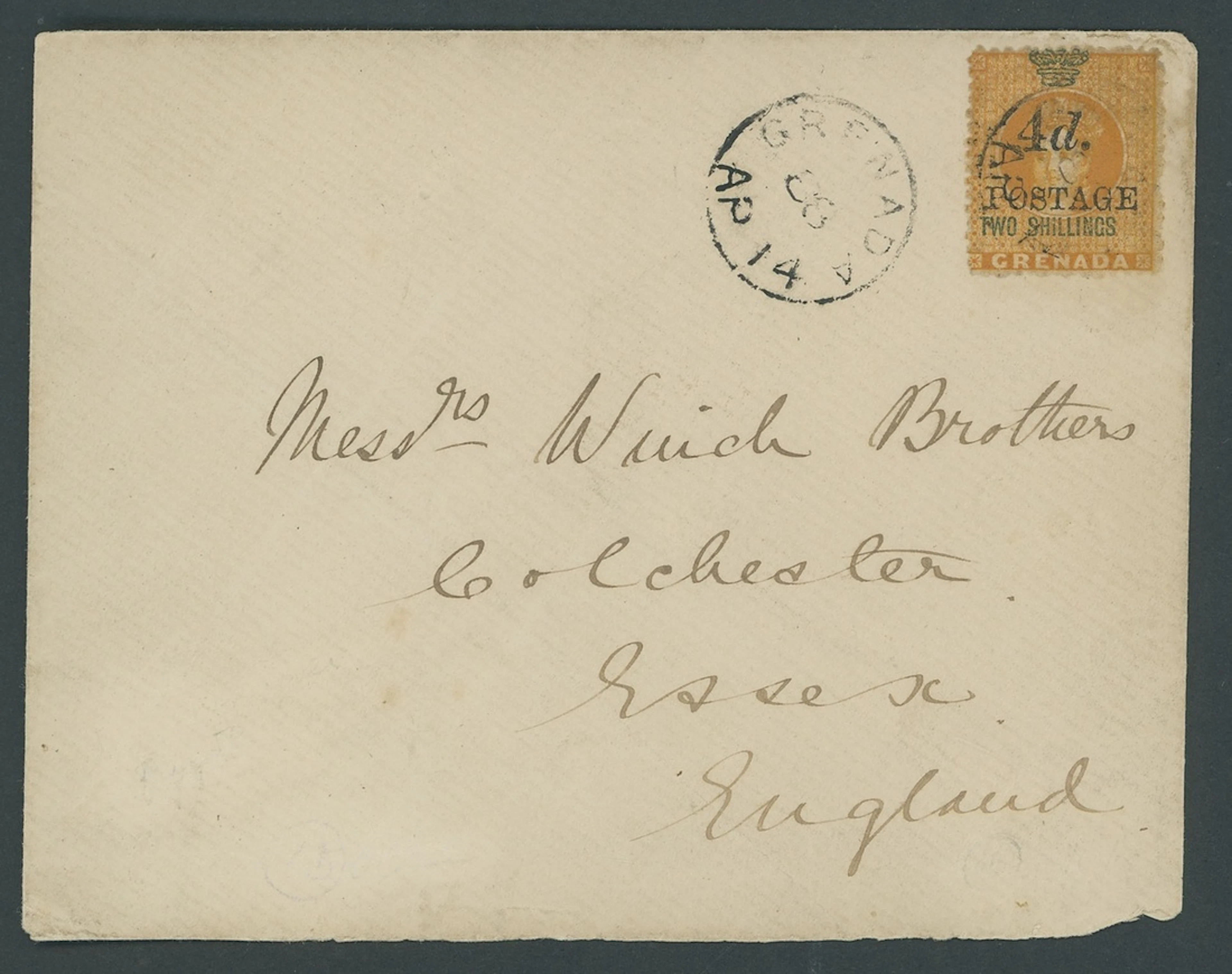 Grenada Issued Stamps 1888 (Mar.) 4mm. spacing, 4d. on 2/- tied by
