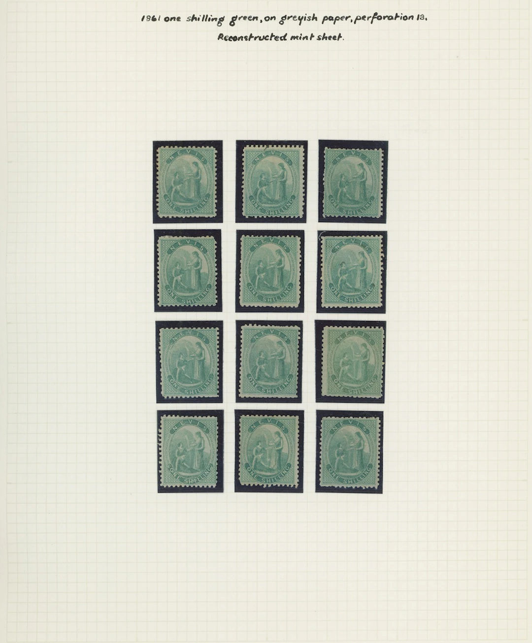 Nevis 1862 greyish paper, perf 13 1/- green, a complete unused reconstruction