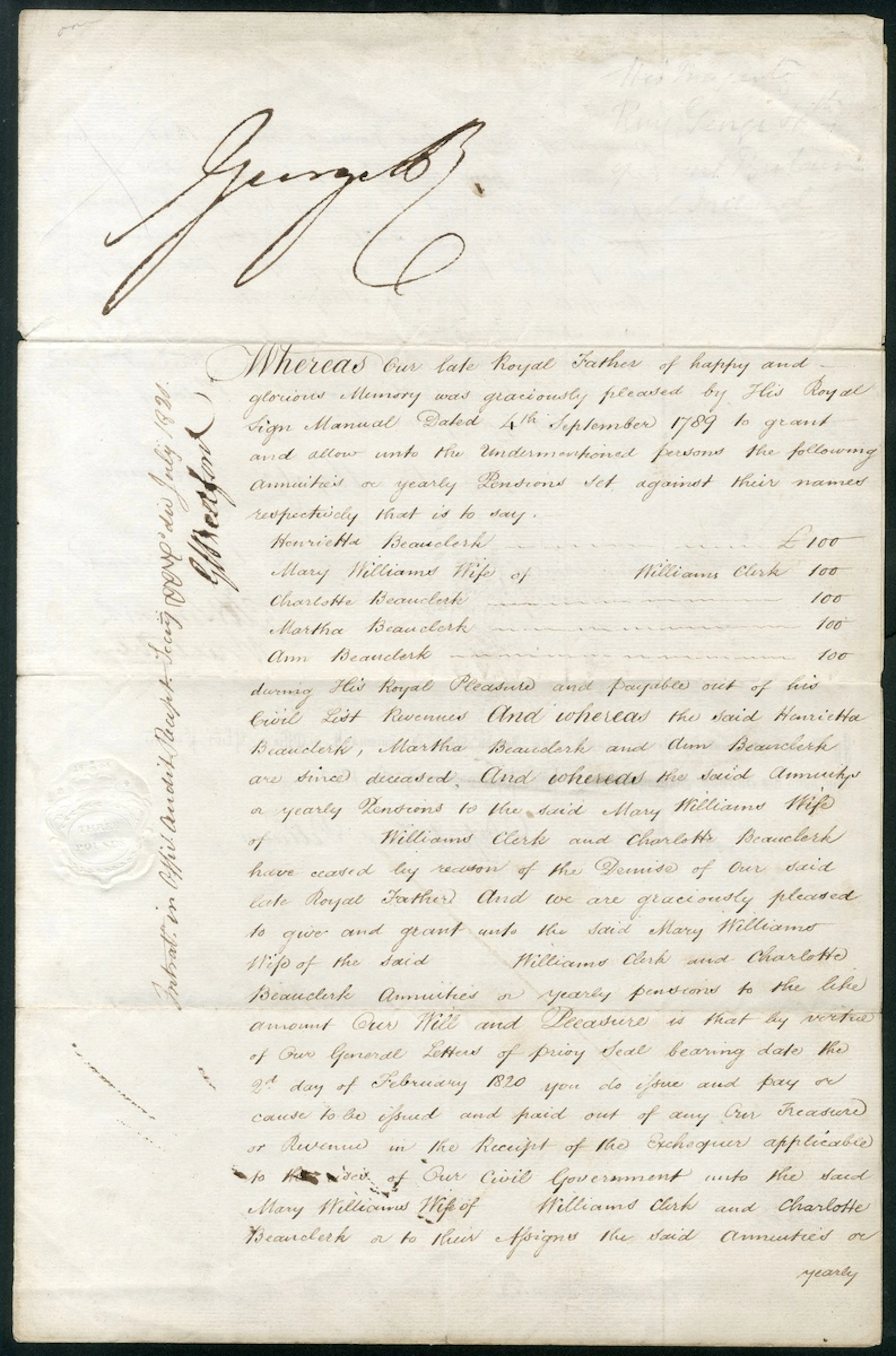 Great Britain Royalty King George IV 1820 Warrant signed at the head