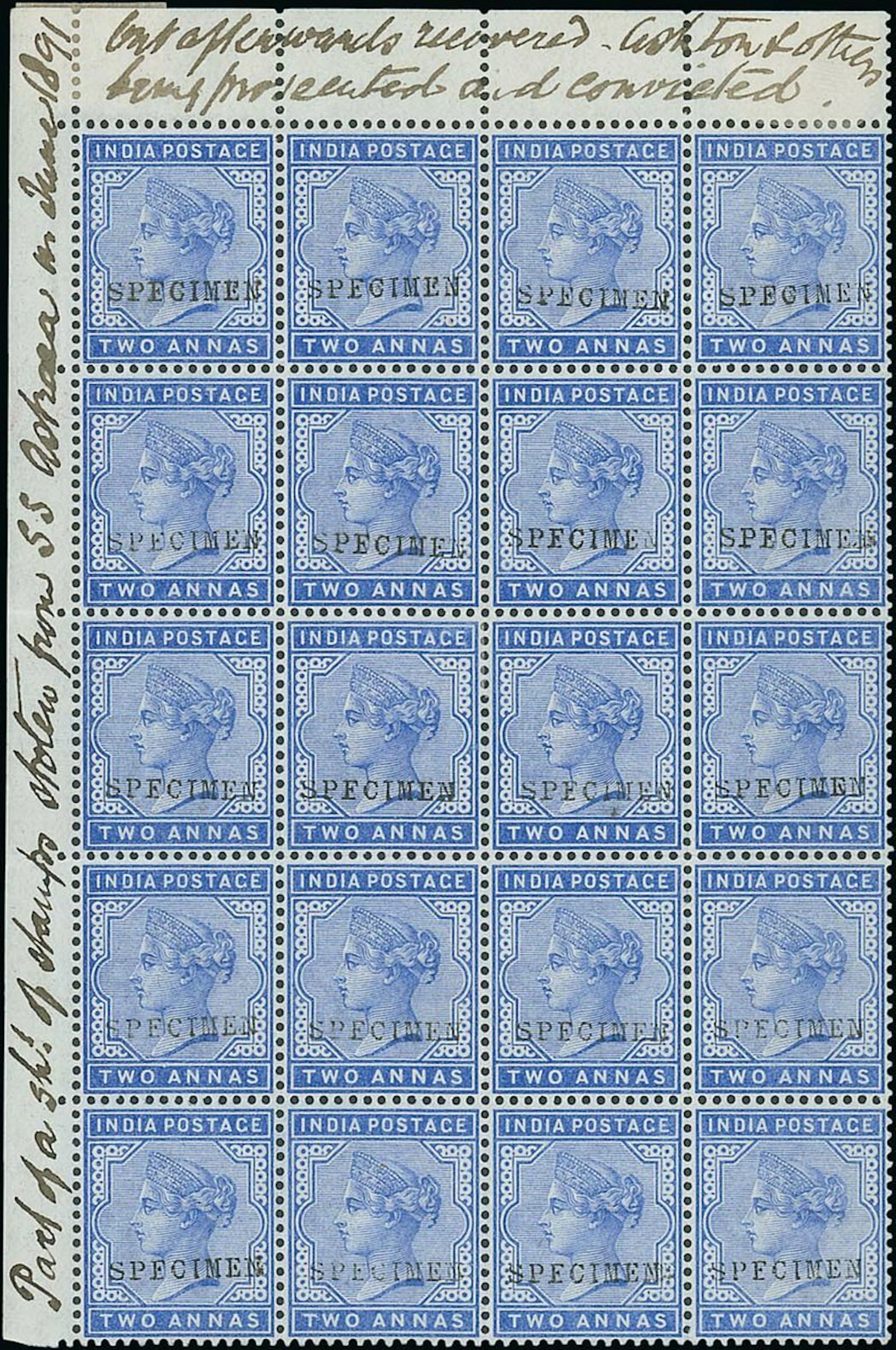India 1882-90 2a. blue upper left corner block of twenty (4x5), each
