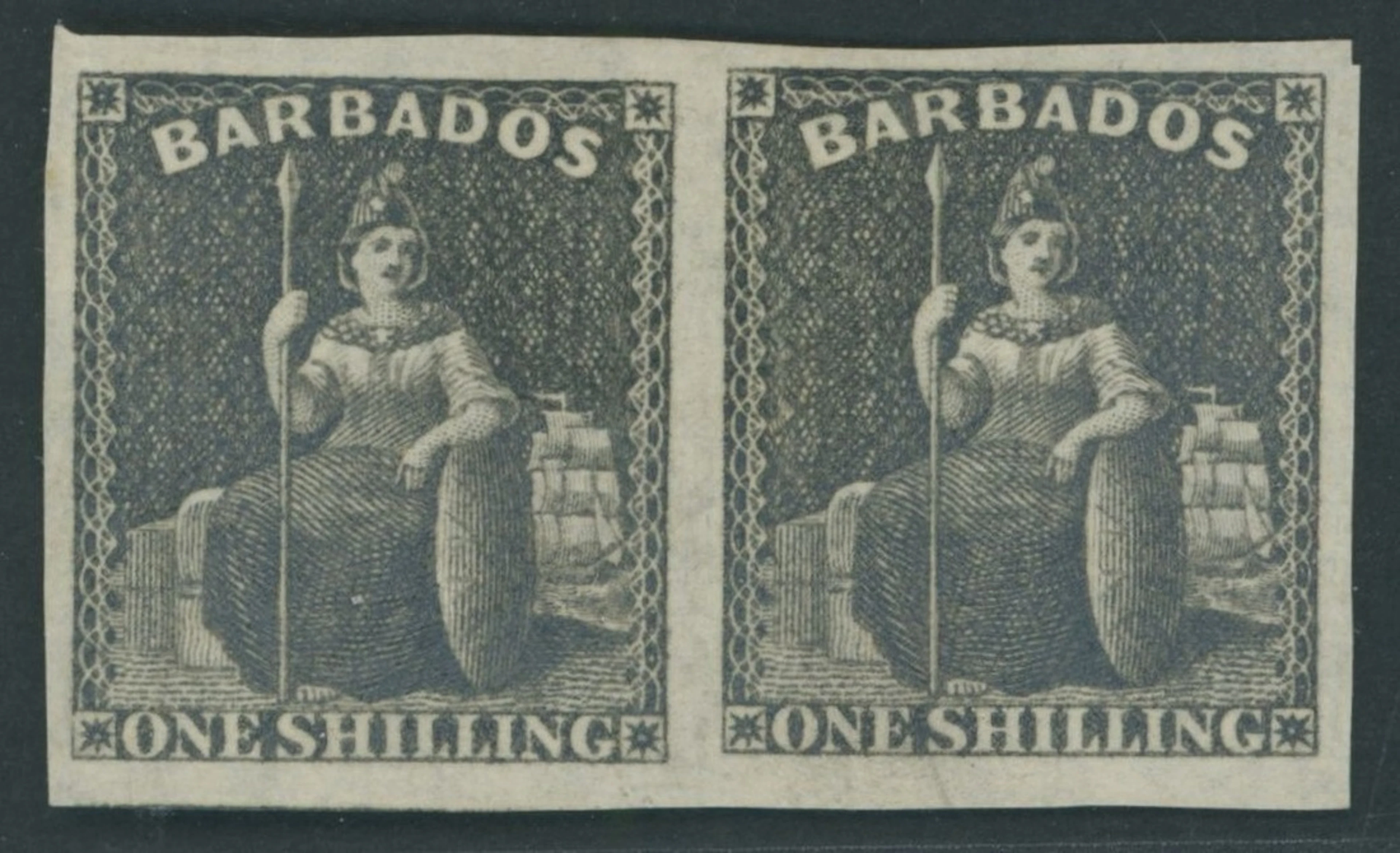 Barbados Britannia Issues 1858 (Nov.) imperf 1/- brown-black pair