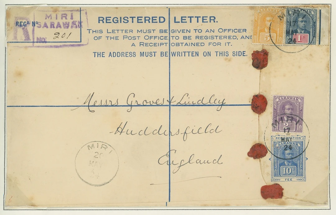 Sarawak Postal Stationery Registered Envelopes 1920 10c. 1920 (4 Dec.)