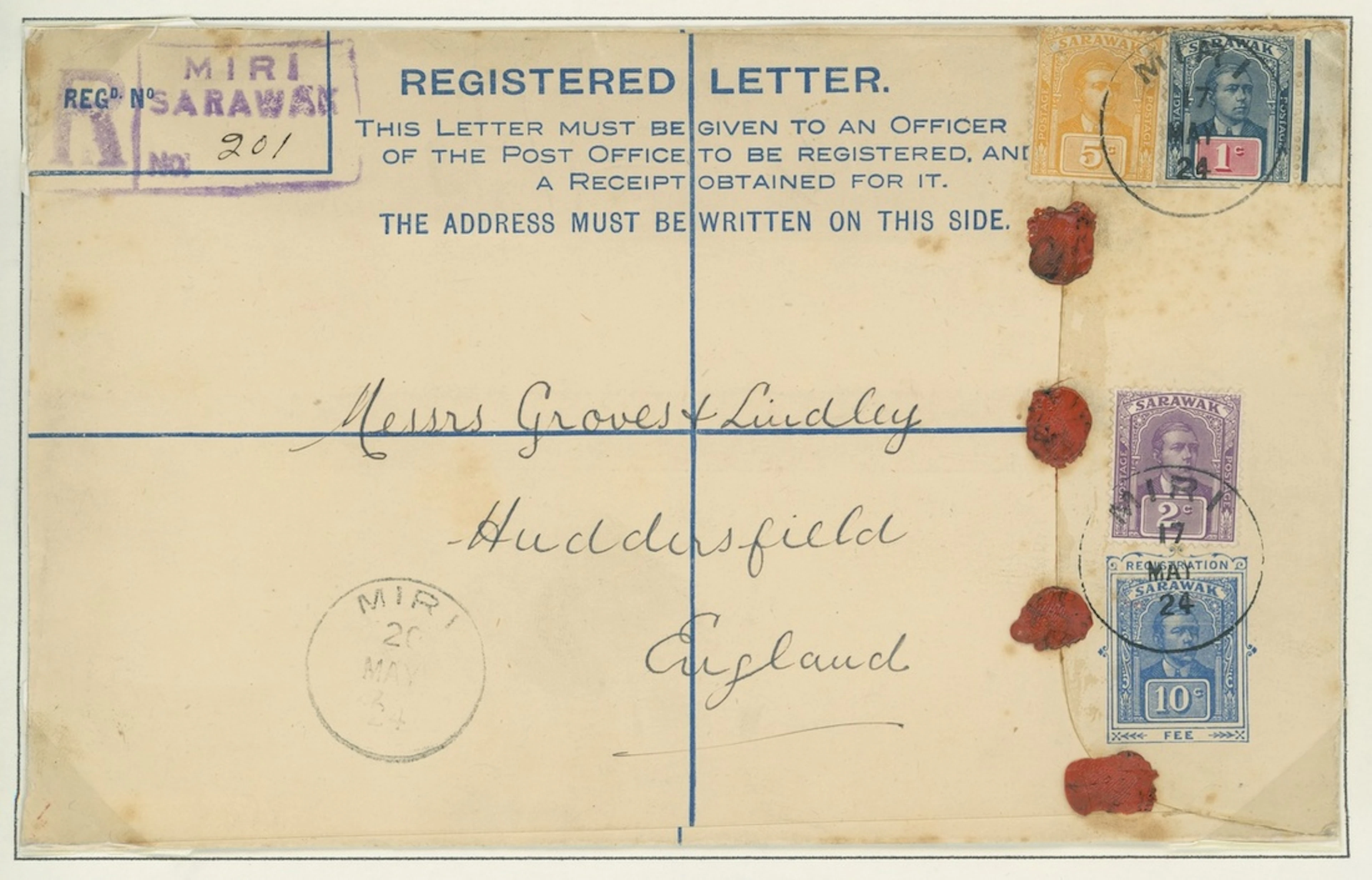Sarawak Postal Stationery Registered Envelopes 1920 10c. 1920 (4 Dec.)