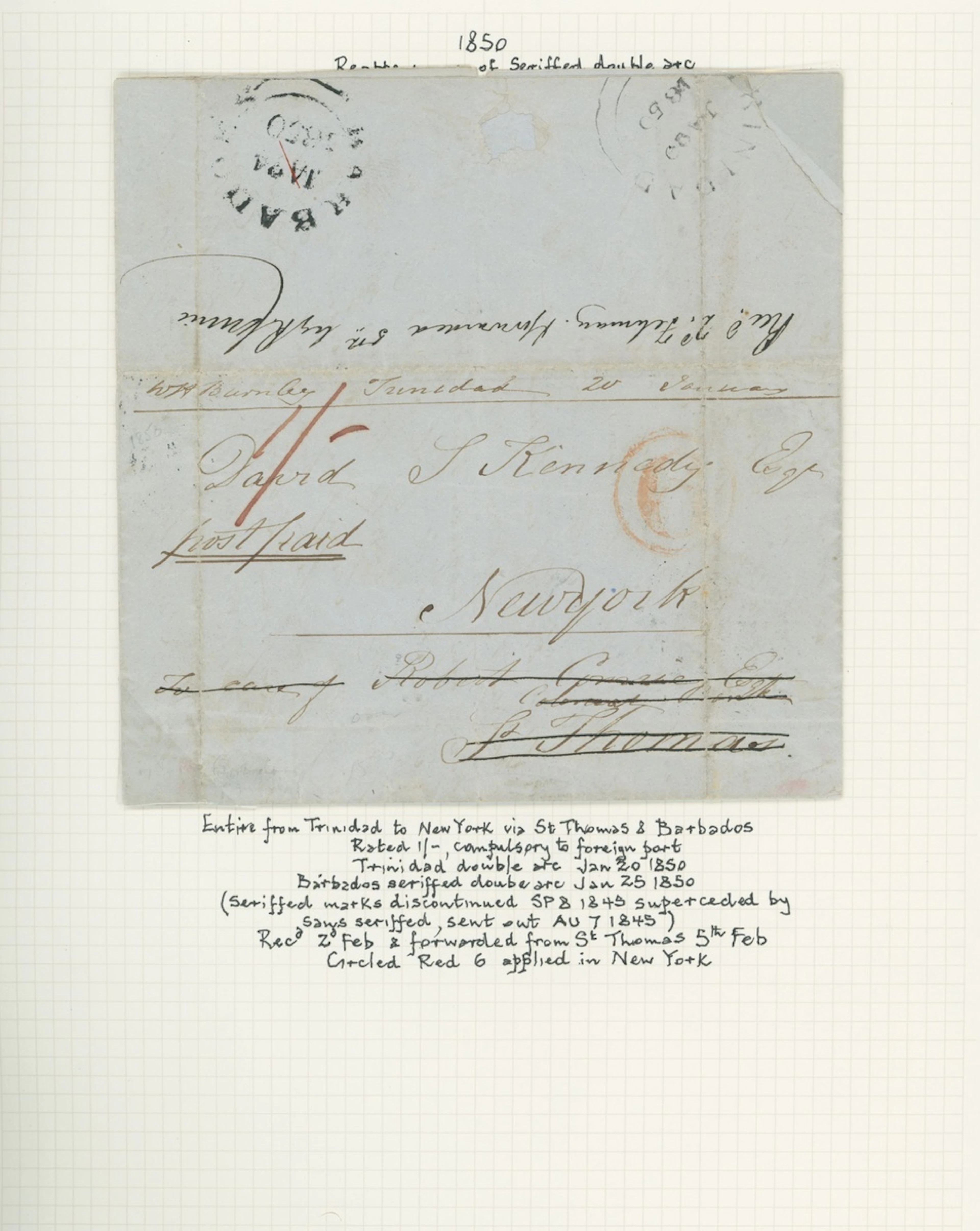 Barbados Early Letters and Handstamps 1850 (15 Jan.) entire letter