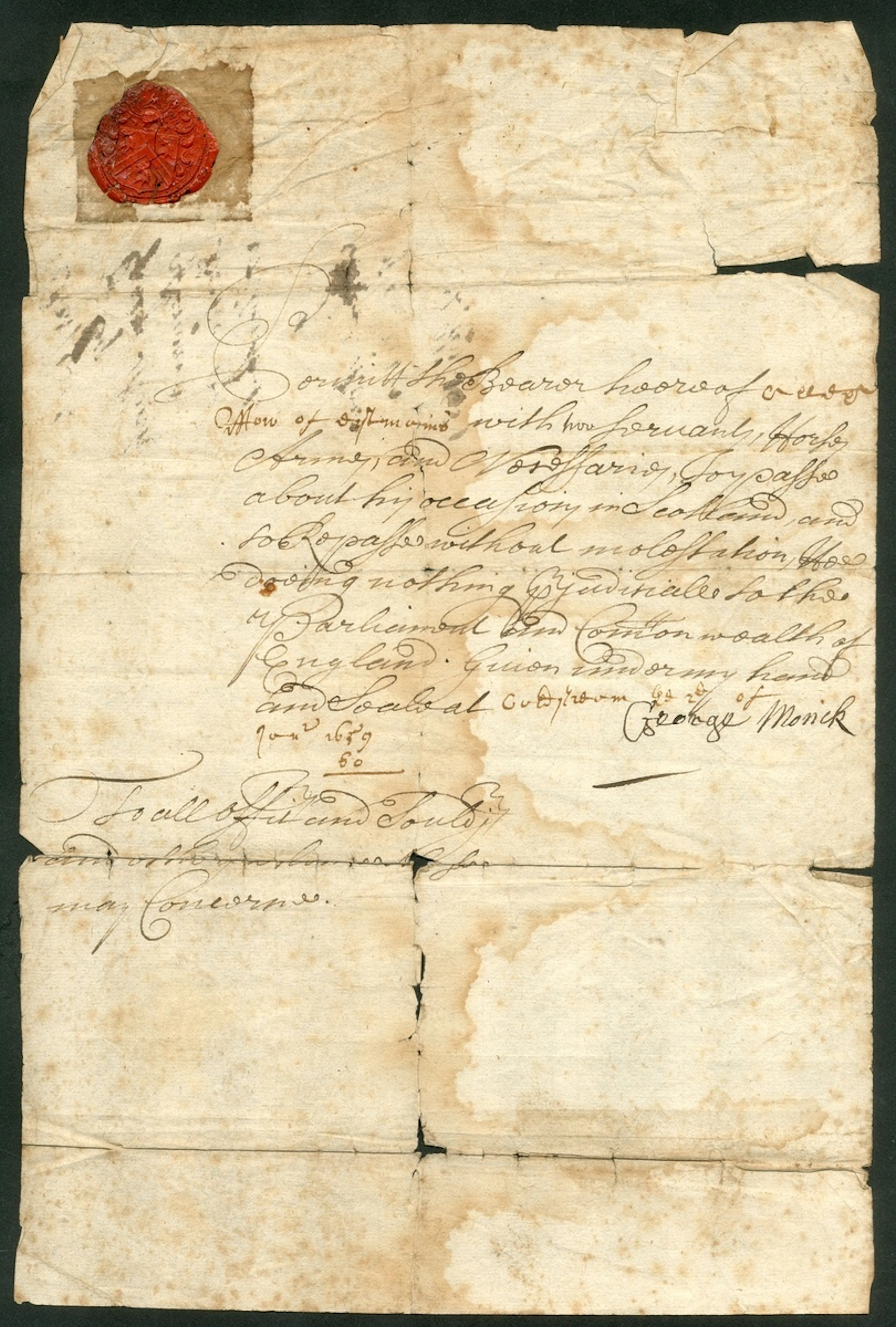 George Monck 1659-60, four documents signed:1659/80 (Jan.) Permit